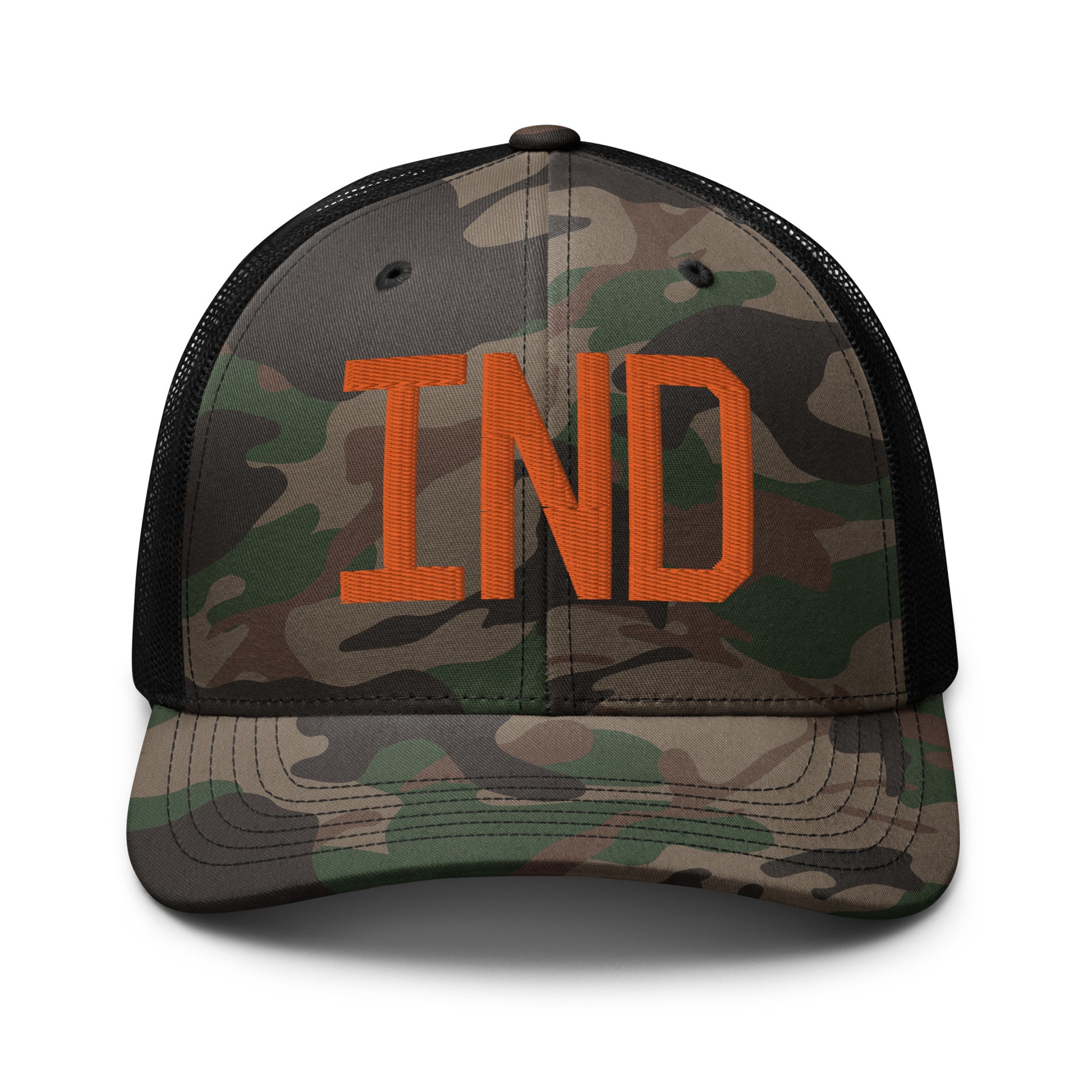 Airport Code Camouflage Trucker Hat - Orange • IND Indianapolis • YHM Designs - Image 10
