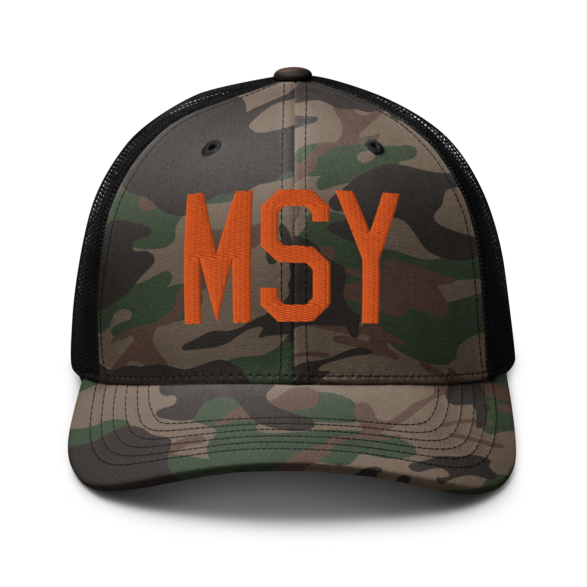 Airport Code Camouflage Trucker Hat - Orange • MSY New Orleans • YHM Designs - Image 10