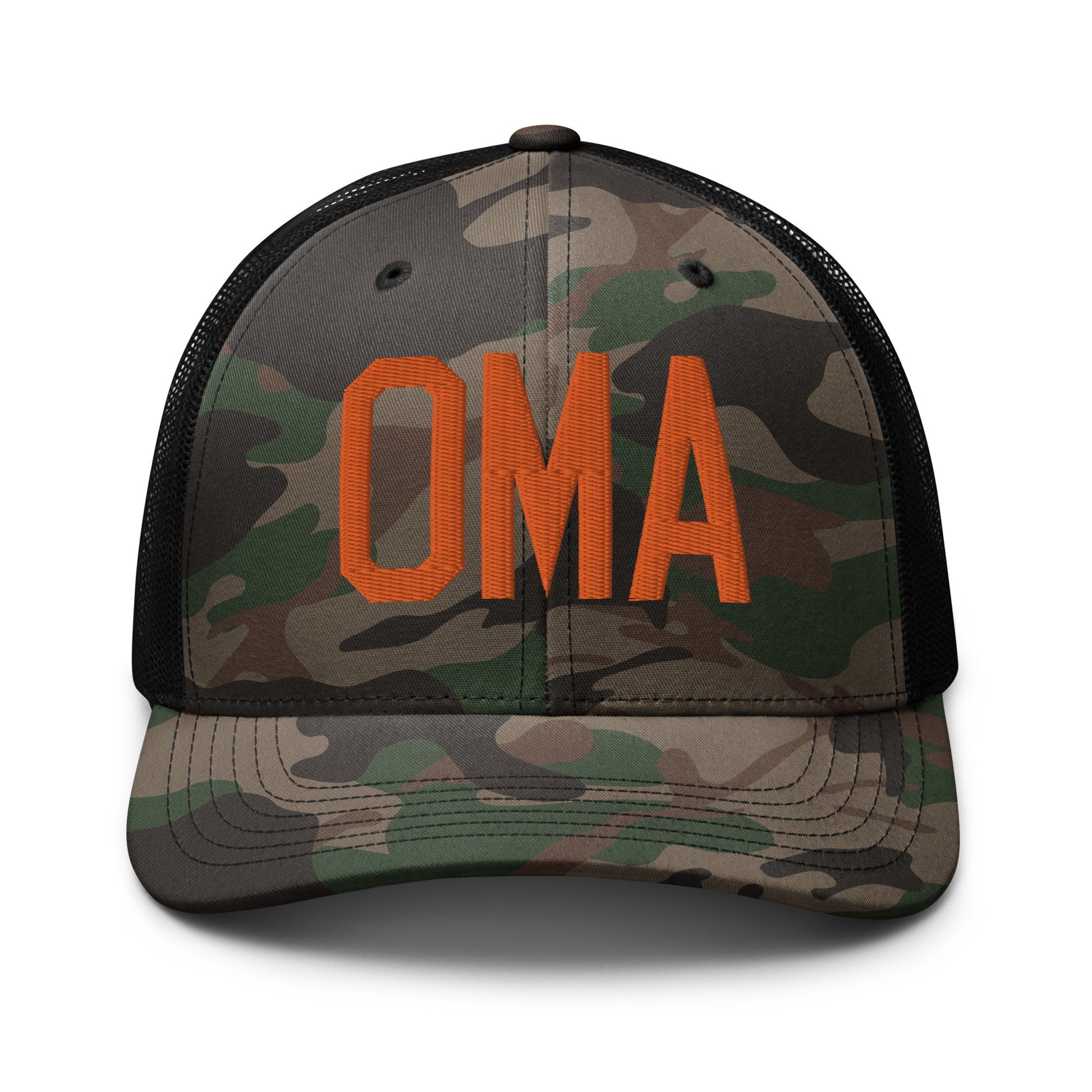 Airport Code Camouflage Trucker Hat - Orange • OMA Omaha • YHM Designs - Image 10