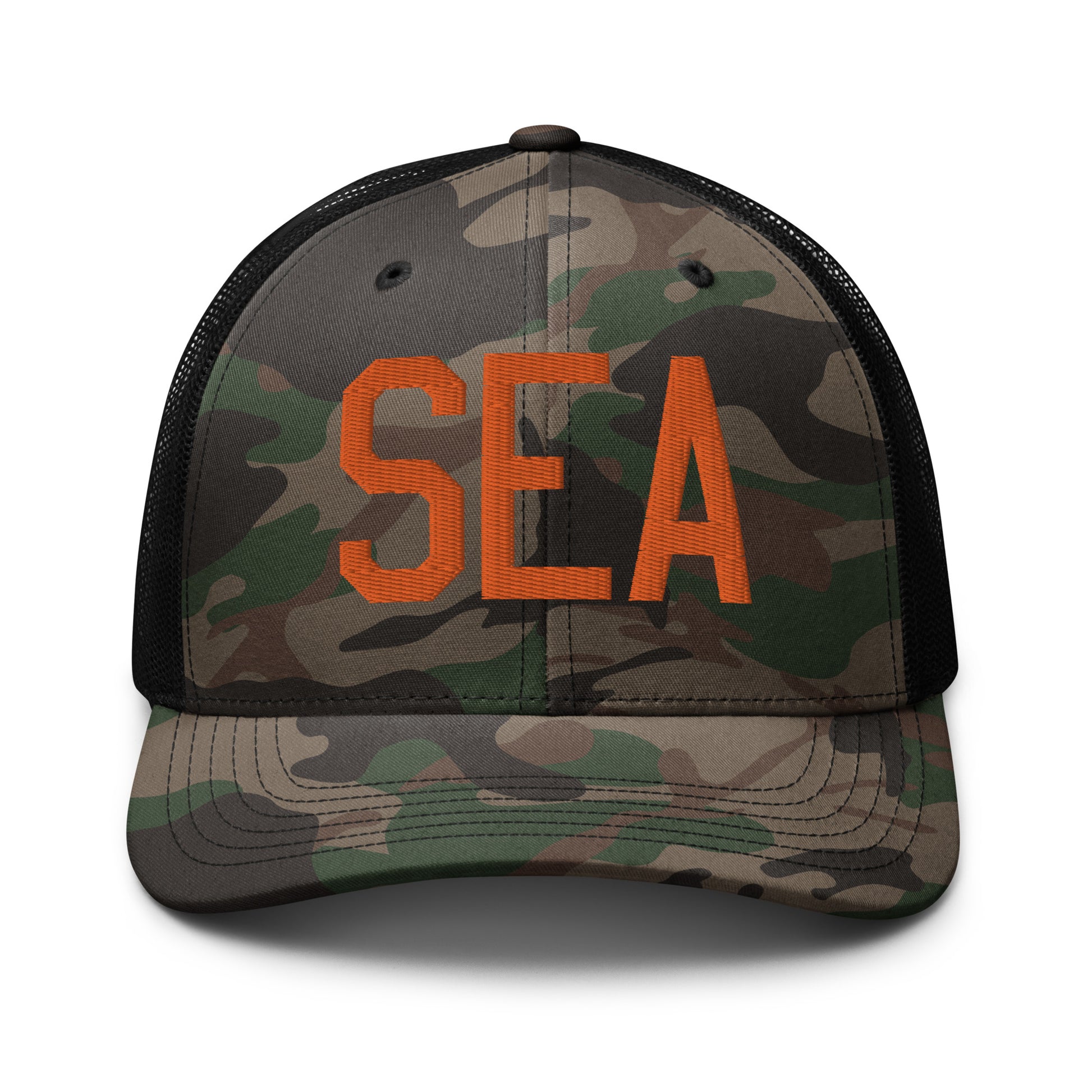 Airport Code Camouflage Trucker Hat - Orange • SEA Seattle • YHM Designs - Image 10