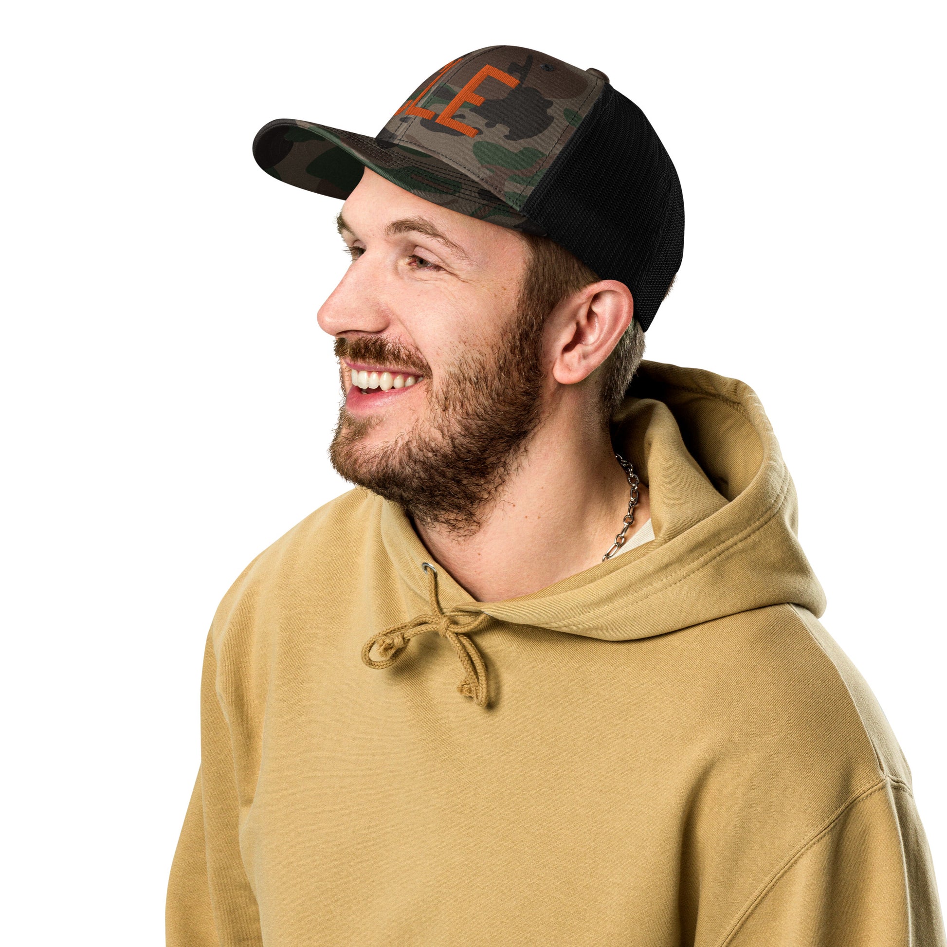 Airport Code Camouflage Trucker Hat - Orange • CLE Cleveland • YHM Designs - Image 03