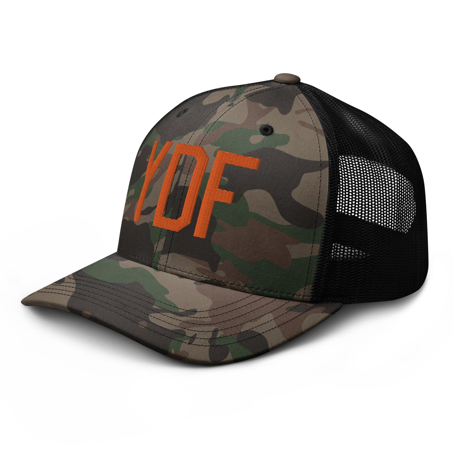 Airport Code Camouflage Trucker Hat - Orange • YDF Deer Lake • YHM Designs - Image 01