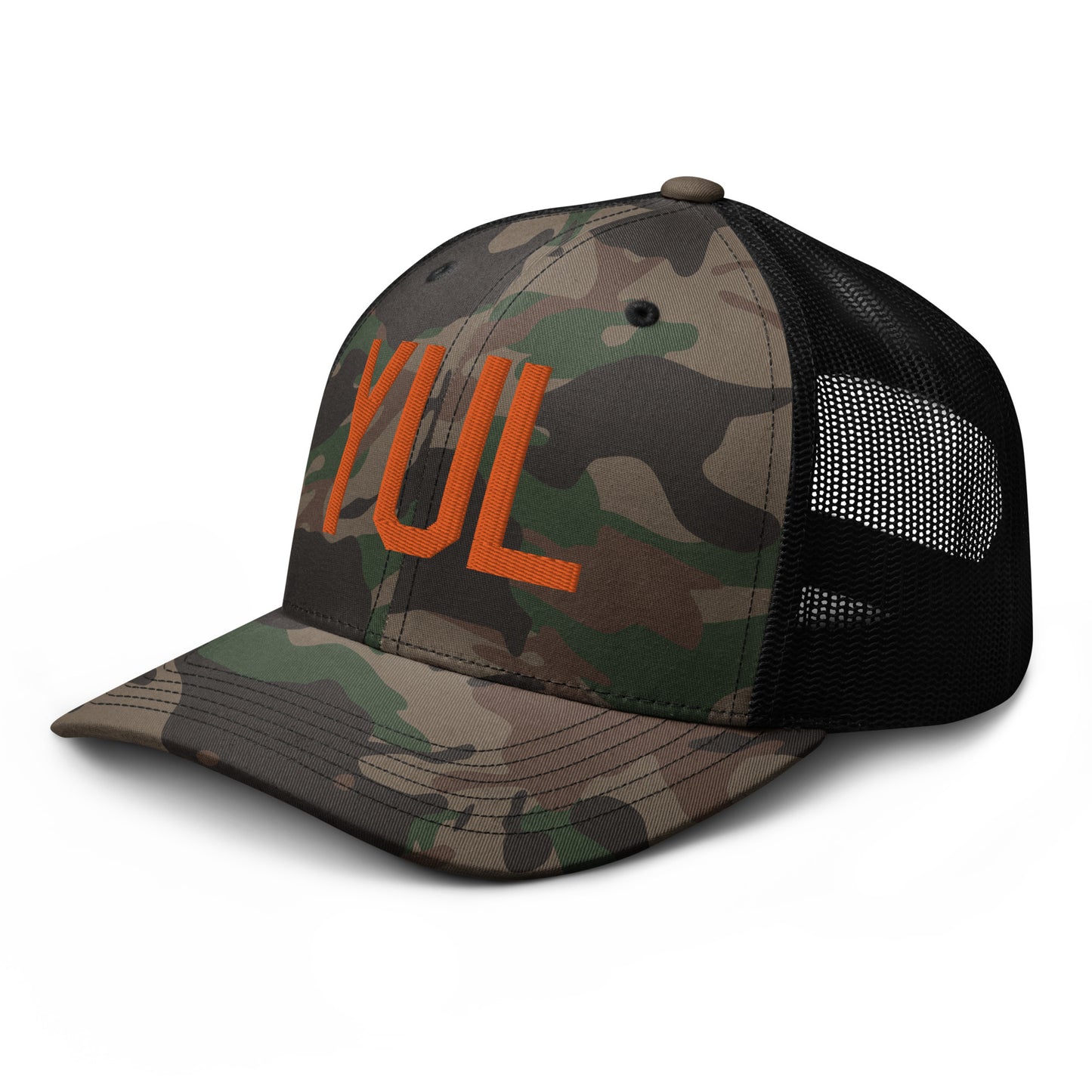 Airport Code Camouflage Trucker Hat - Orange • YUL Montreal • YHM Designs - Image 01