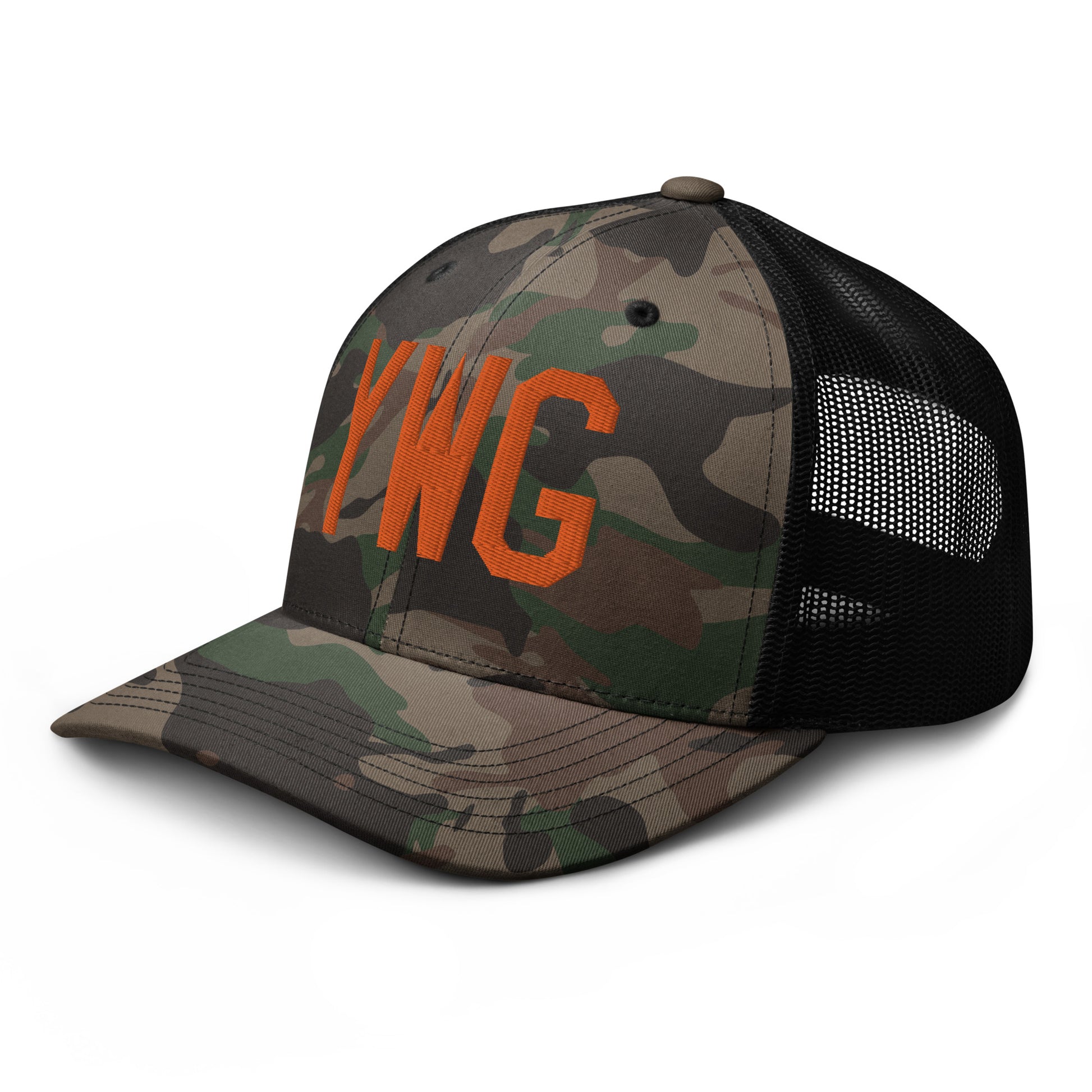 Airport Code Camouflage Trucker Hat - Orange • YWG Winnipeg • YHM Designs - Image 01