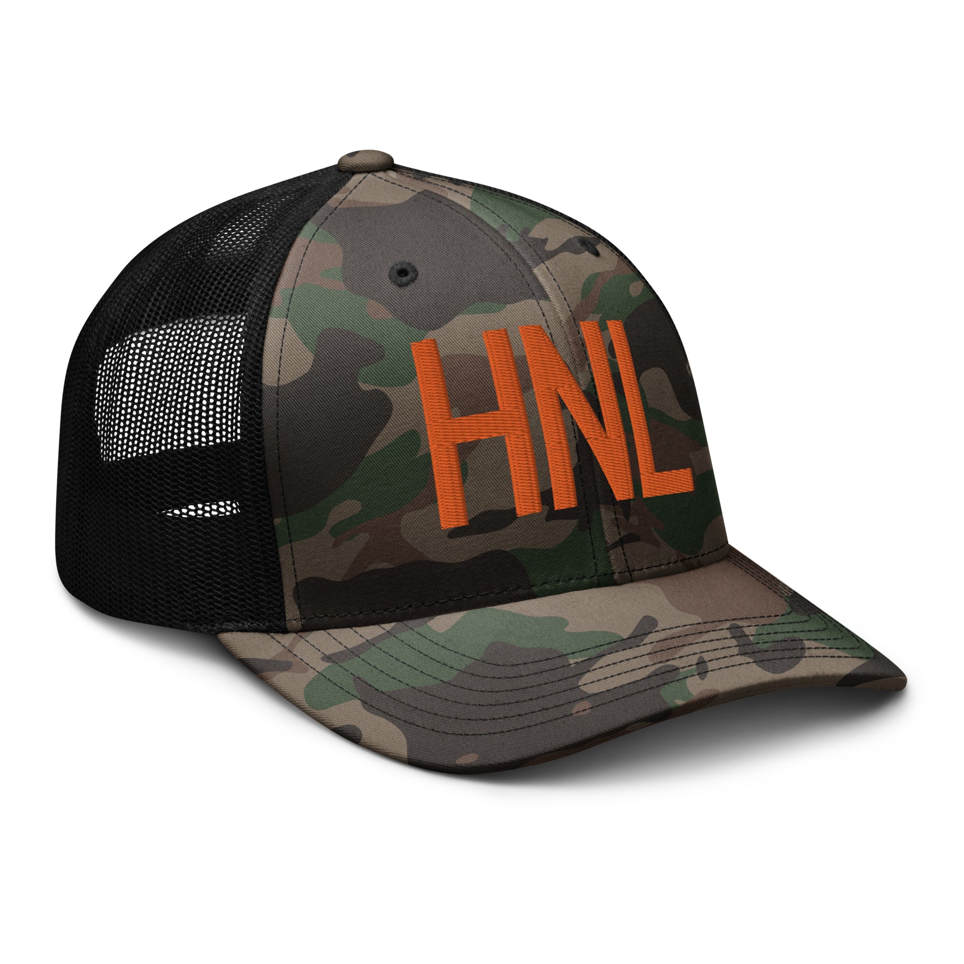 Airport Code Camouflage Trucker Hat - Orange • HNL Honolulu • YHM Designs - Image 12