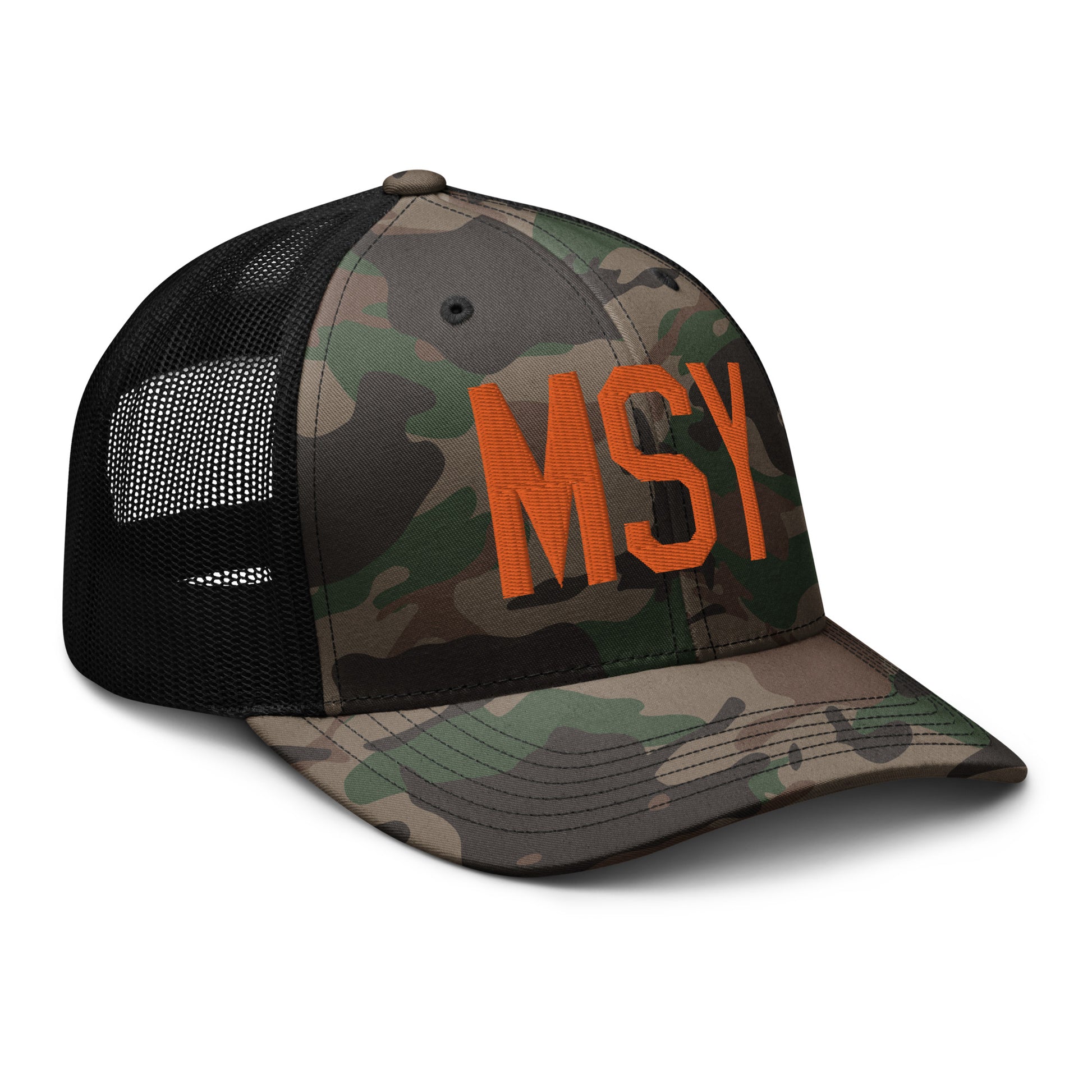 Airport Code Camouflage Trucker Hat - Orange • MSY New Orleans • YHM Designs - Image 12
