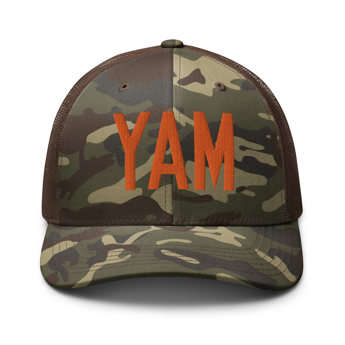 Airport Code Camouflage Trucker Hat - Orange • YAM Sault-Ste-Marie • YHM Designs - Image 13