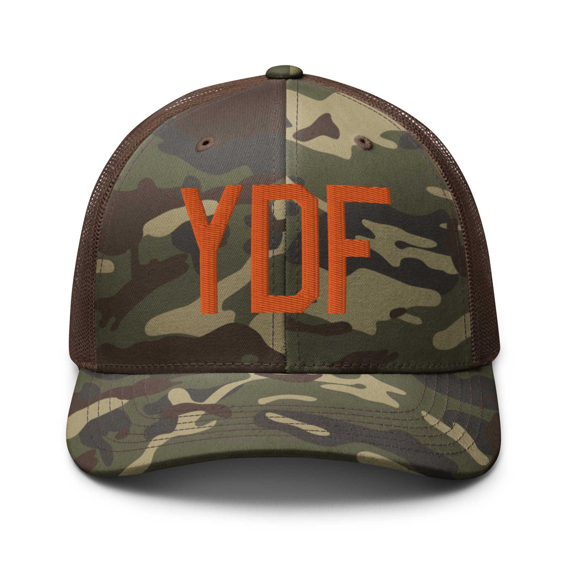 Airport Code Camouflage Trucker Hat - Orange • YDF Deer Lake • YHM Designs - Image 13