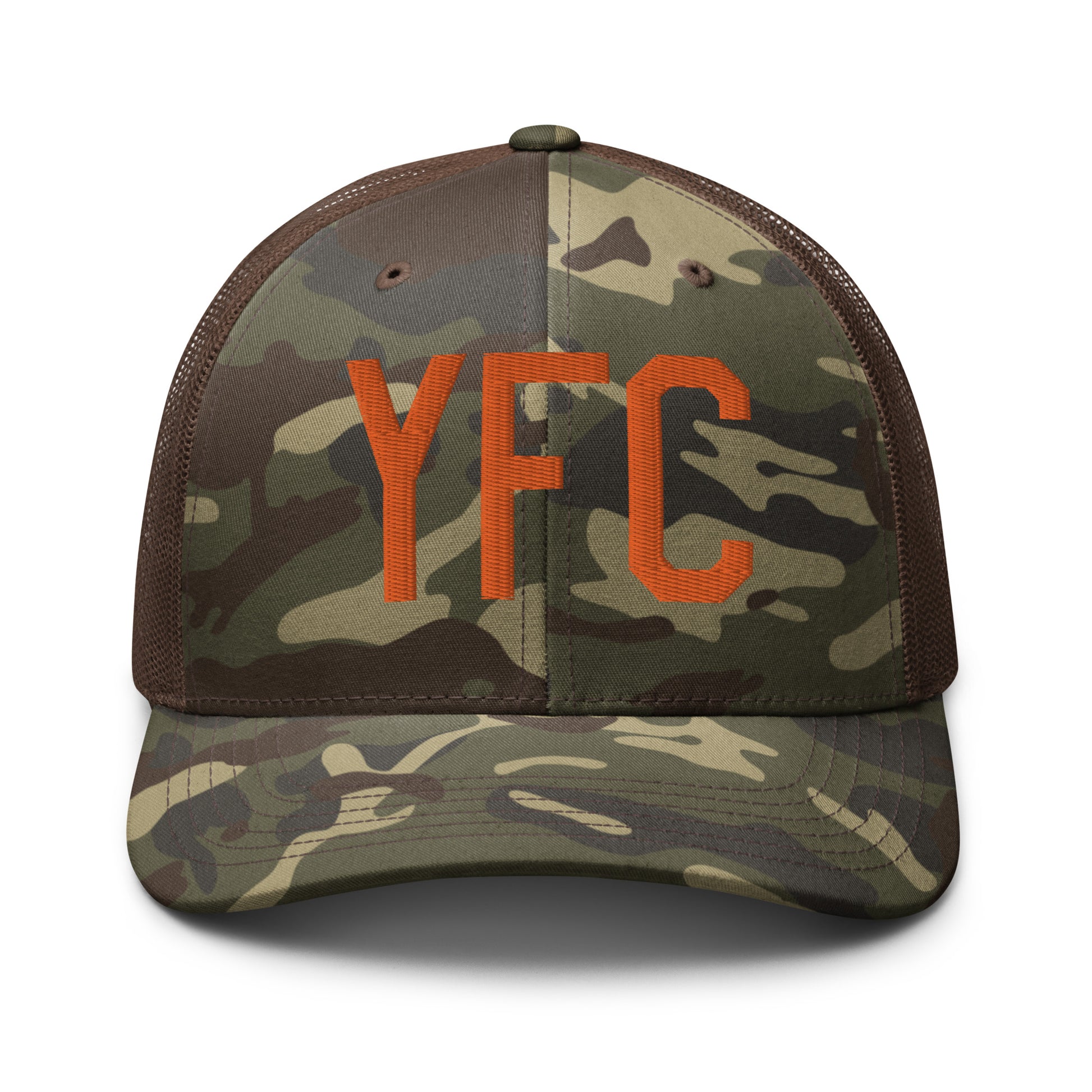 Airport Code Camouflage Trucker Hat - Orange • YFC Fredericton • YHM Designs - Image 13