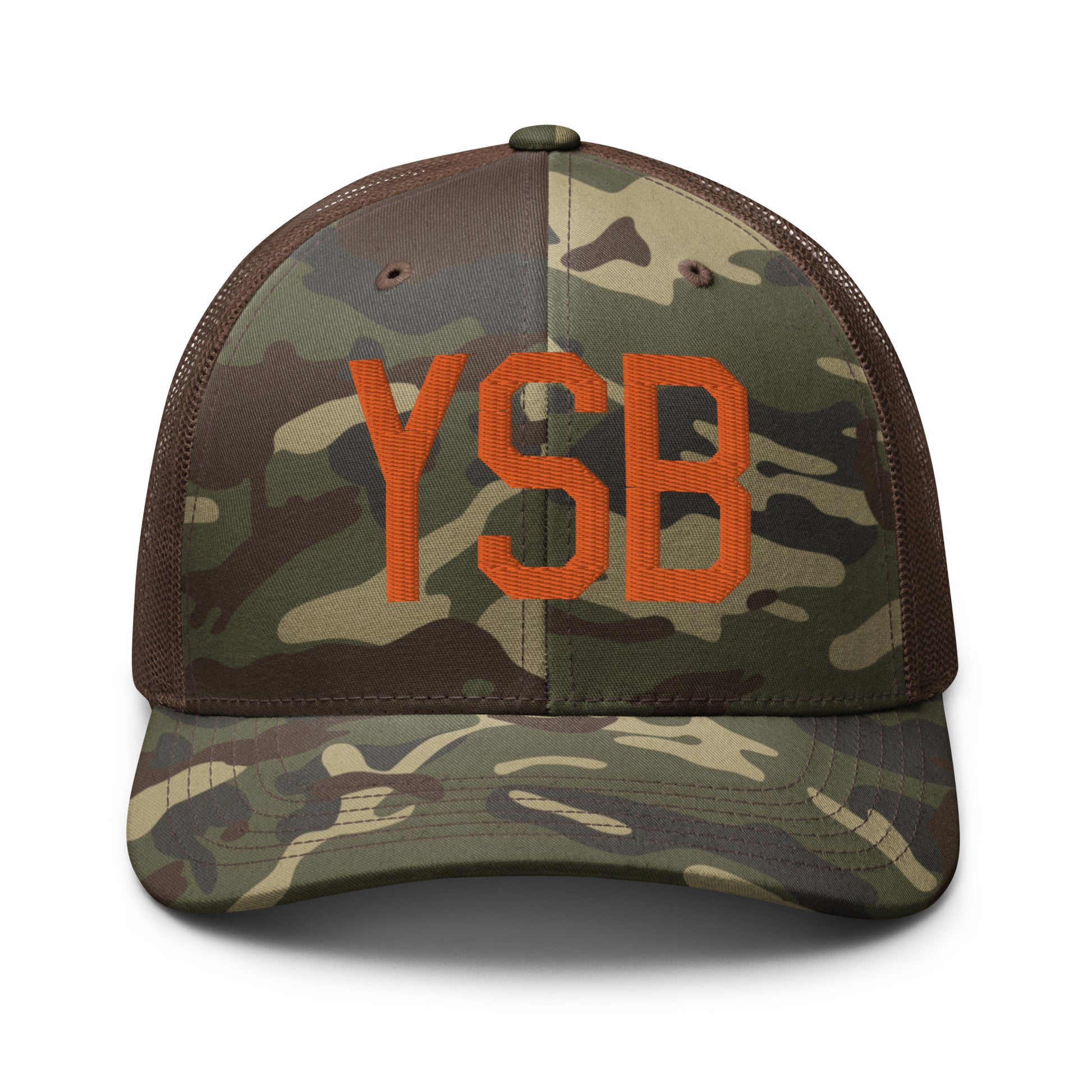 Airport Code Camouflage Trucker Hat - Orange • YSB Sudbury • YHM Designs - Image 13