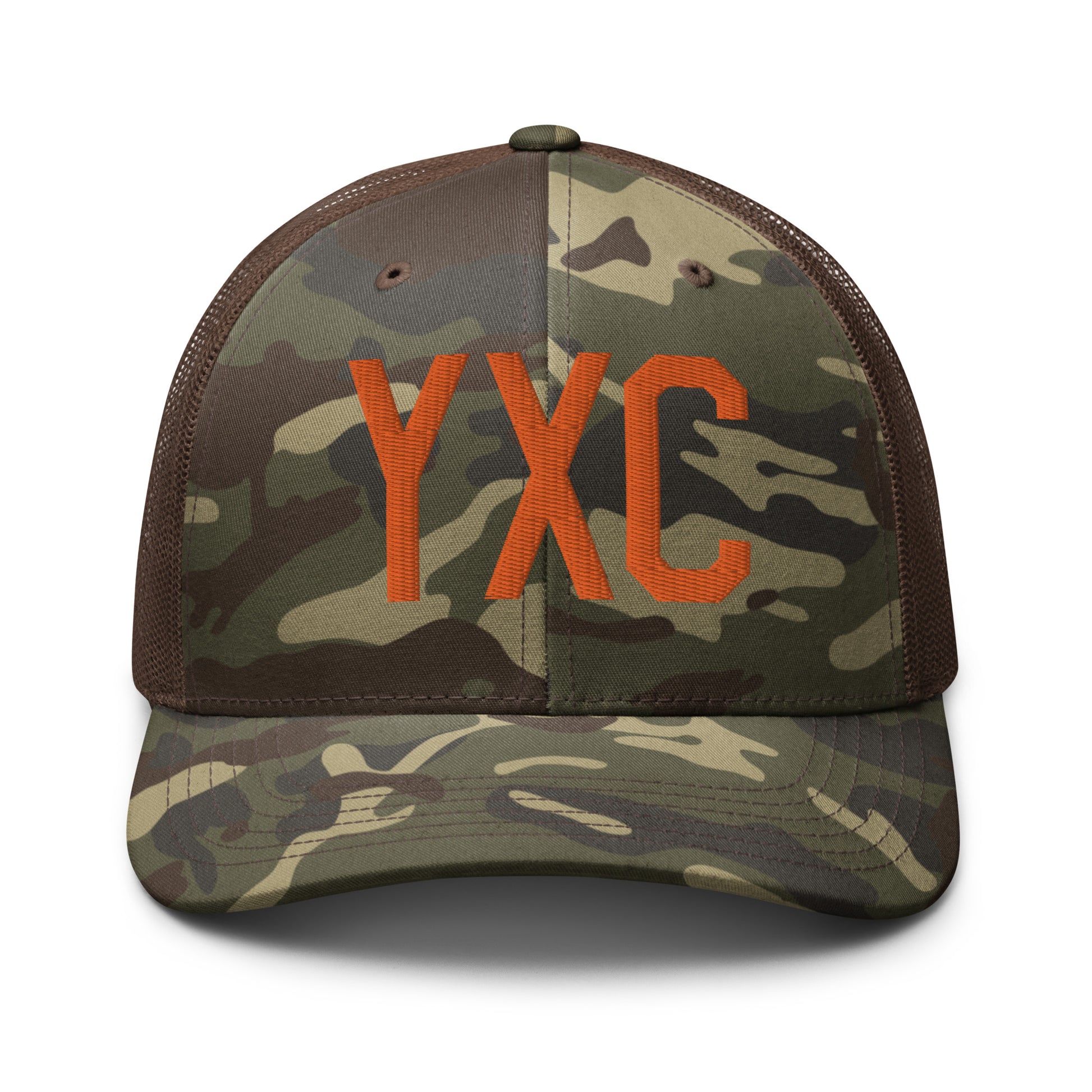 Airport Code Camouflage Trucker Hat - Orange • YXC Cranbrook • YHM Designs - Image 13