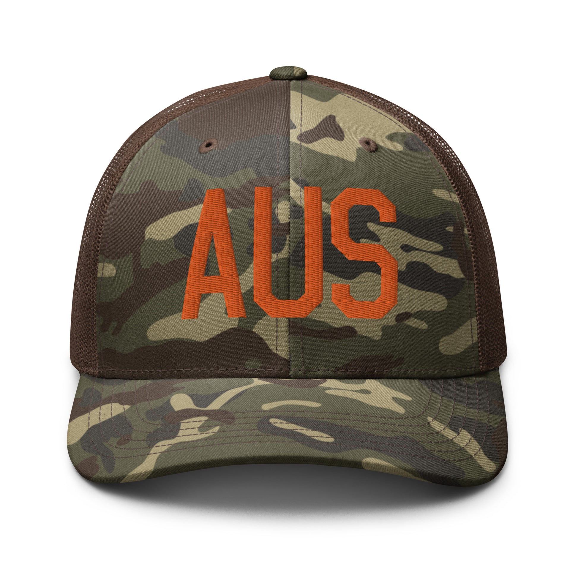 Airport Code Camouflage Trucker Hat - Orange • AUS Austin • YHM Designs - Image 13
