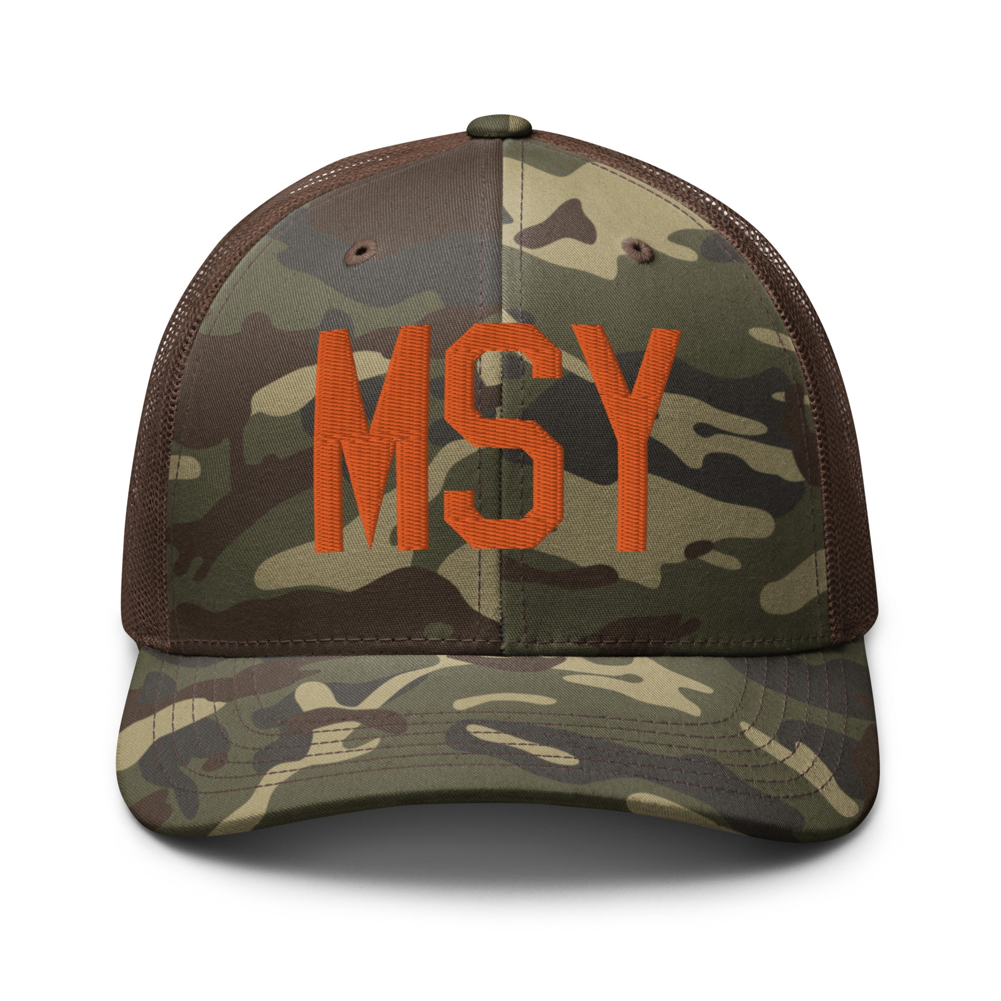 Airport Code Camouflage Trucker Hat - Orange • MSY New Orleans • YHM Designs - Image 13
