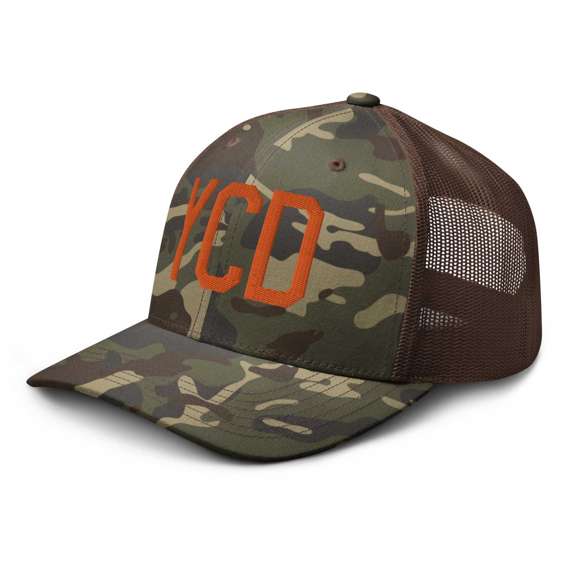 Airport Code Camouflage Trucker Hat - Orange • YCD Nanaimo • YHM Designs - Image 15