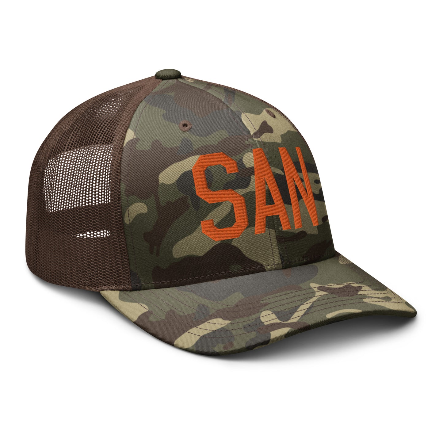 Airport Code Camouflage Trucker Hat - Orange • SAN San Diego • YHM Designs - Image 16