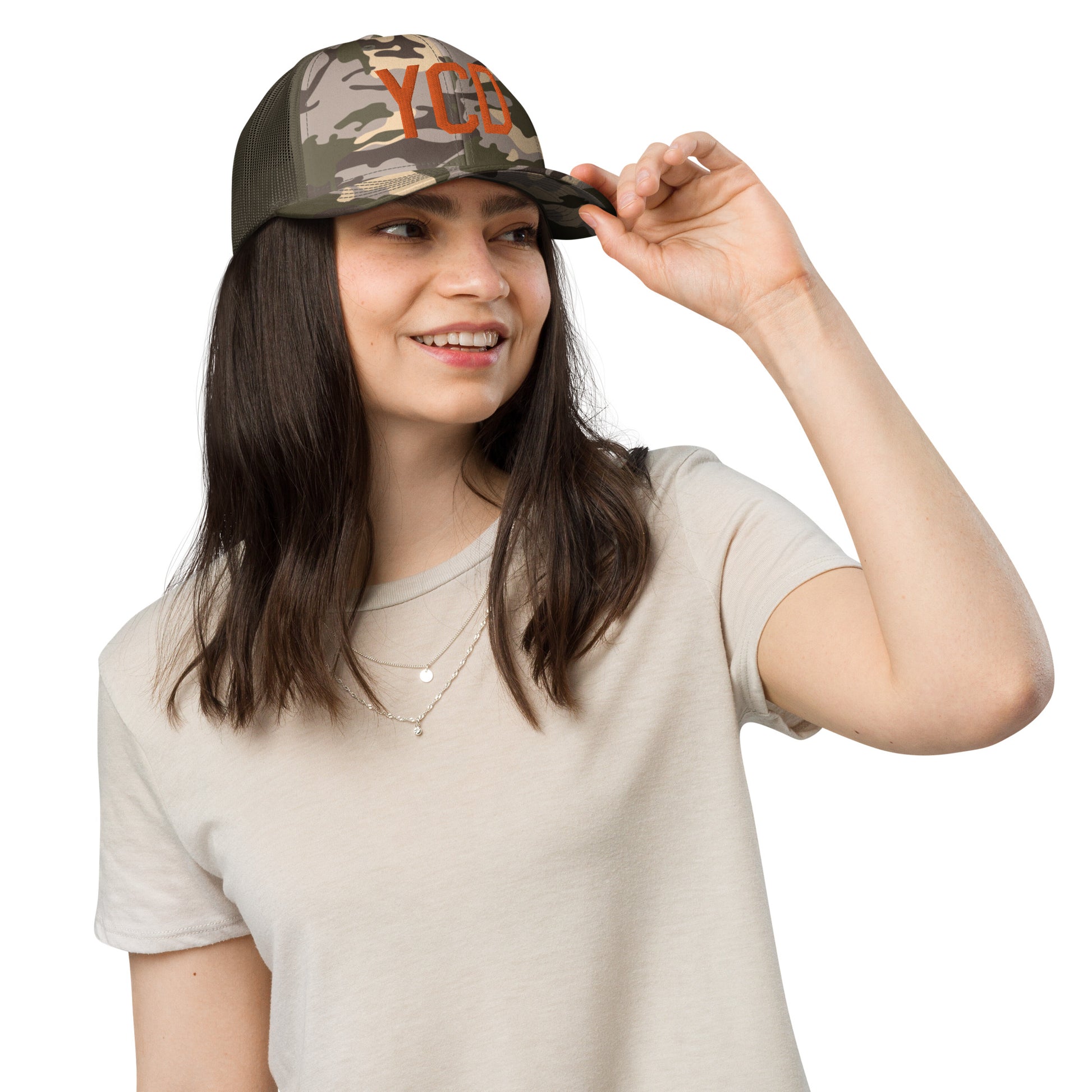 Airport Code Camouflage Trucker Hat - Orange • YCD Nanaimo • YHM Designs - Image 09
