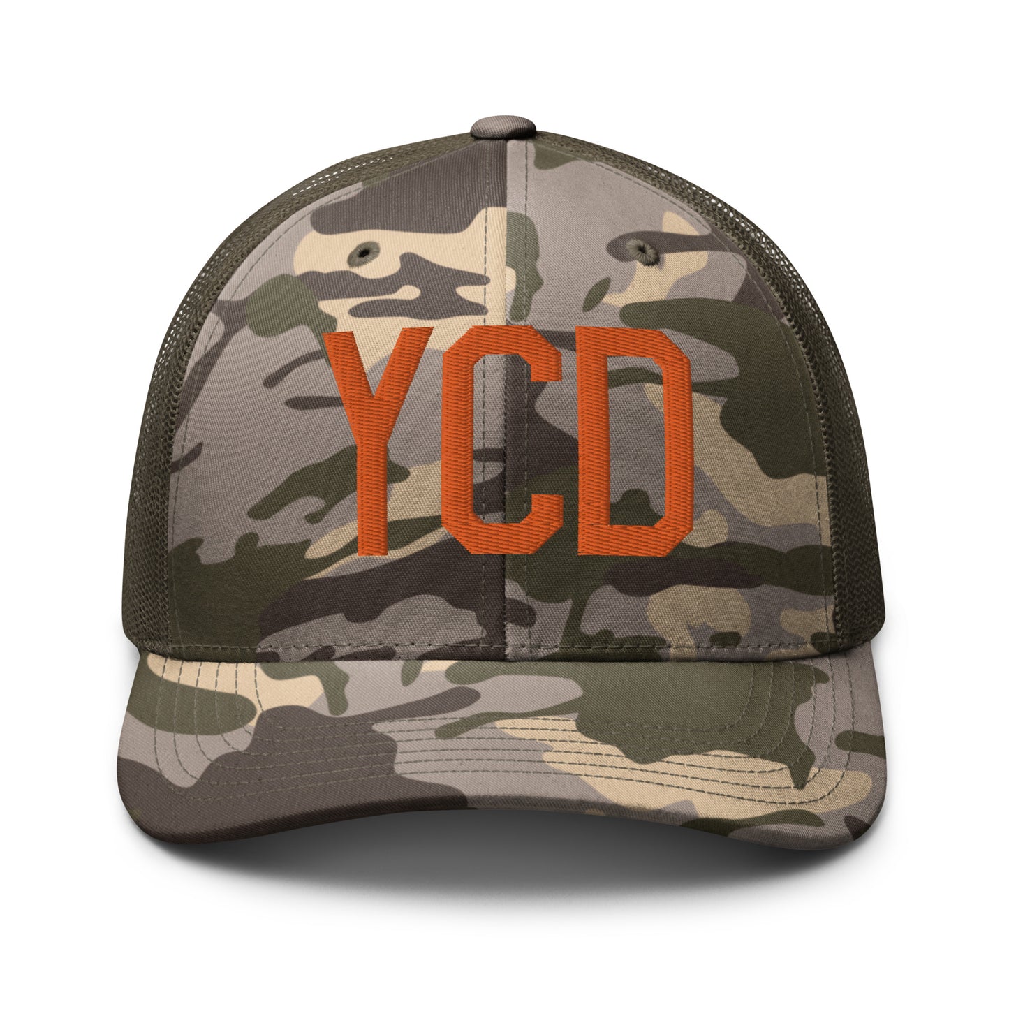 Airport Code Camouflage Trucker Hat - Orange • YCD Nanaimo • YHM Designs - Image 17