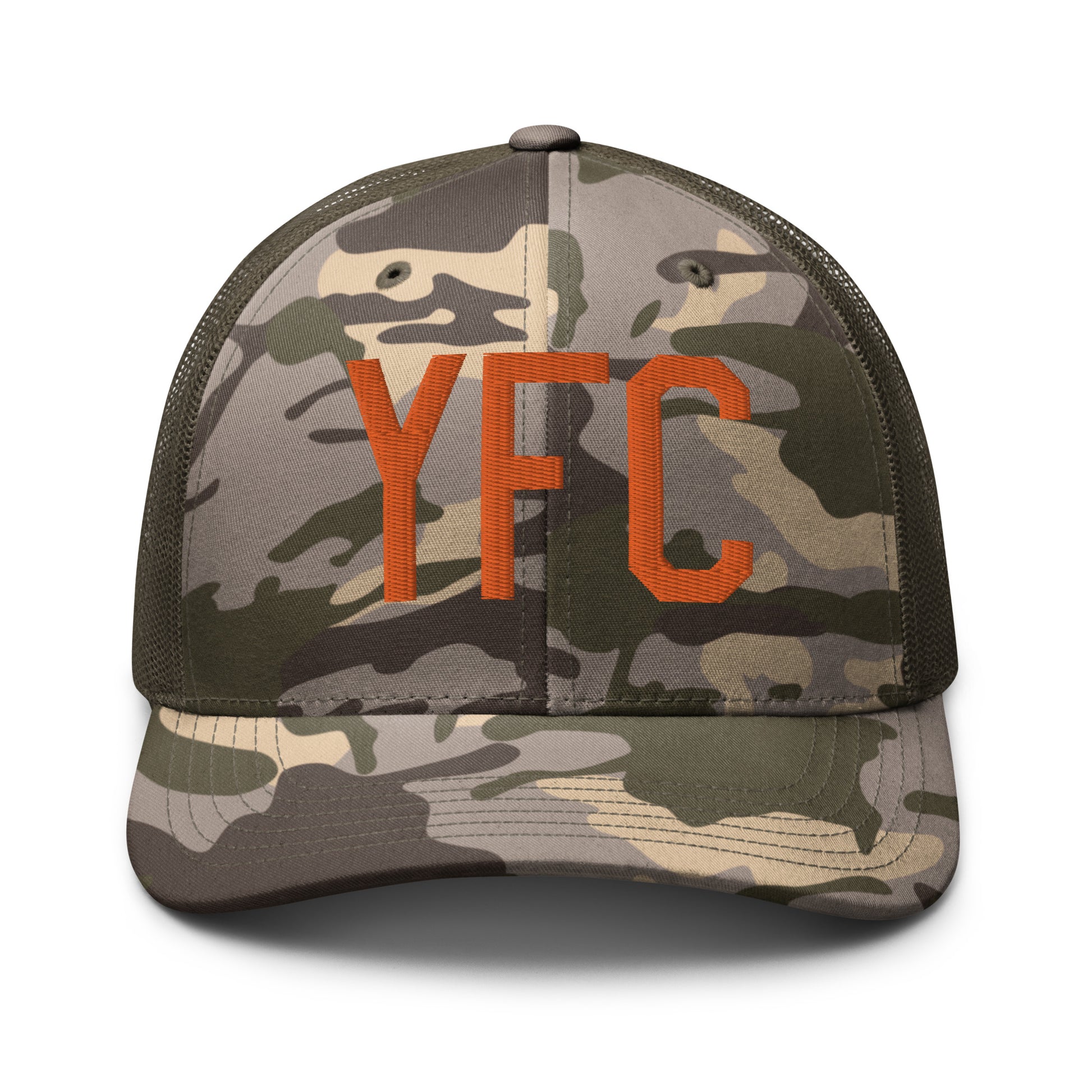 Airport Code Camouflage Trucker Hat - Orange • YFC Fredericton • YHM Designs - Image 17