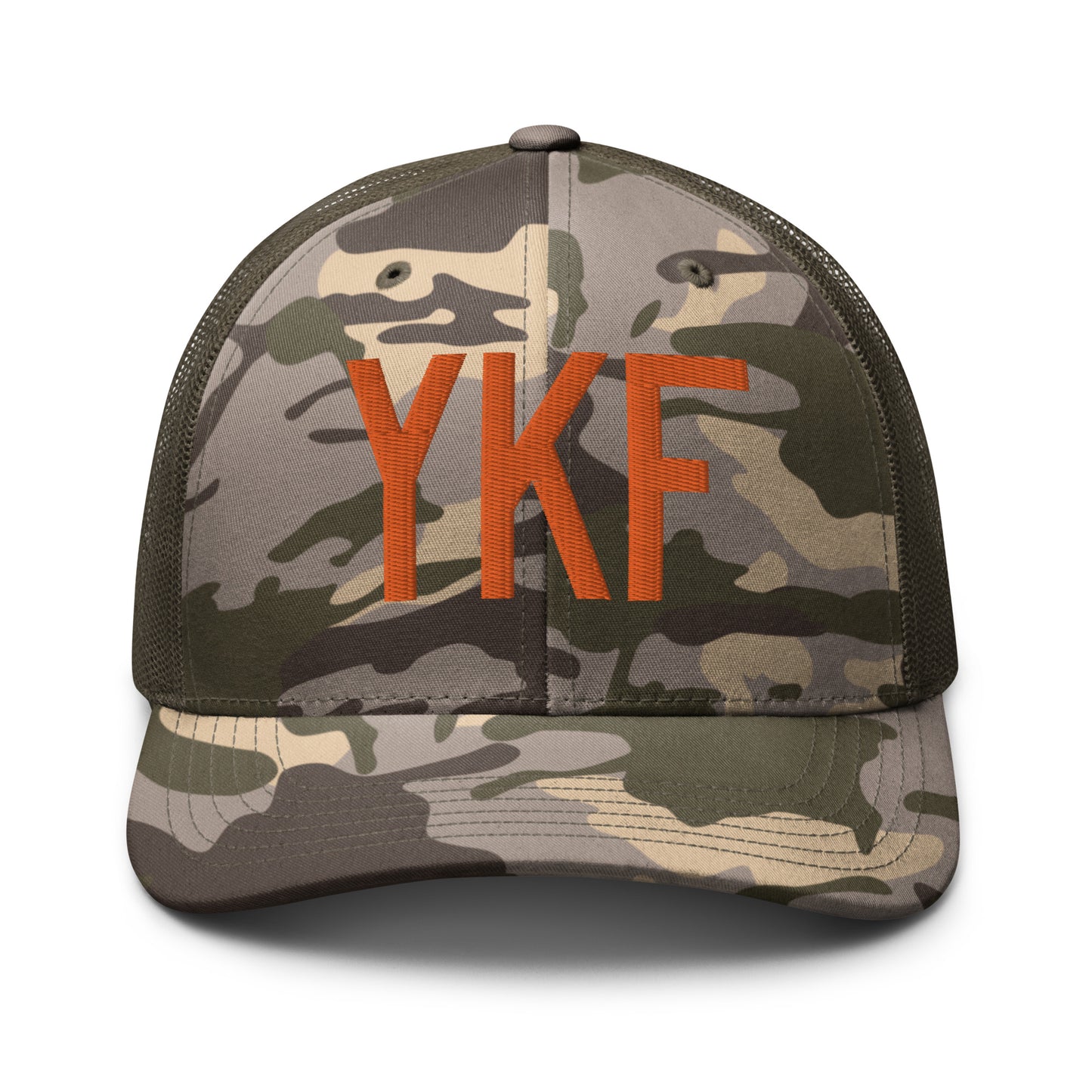 Airport Code Camouflage Trucker Hat - Orange • YKF Waterloo • YHM Designs - Image 17