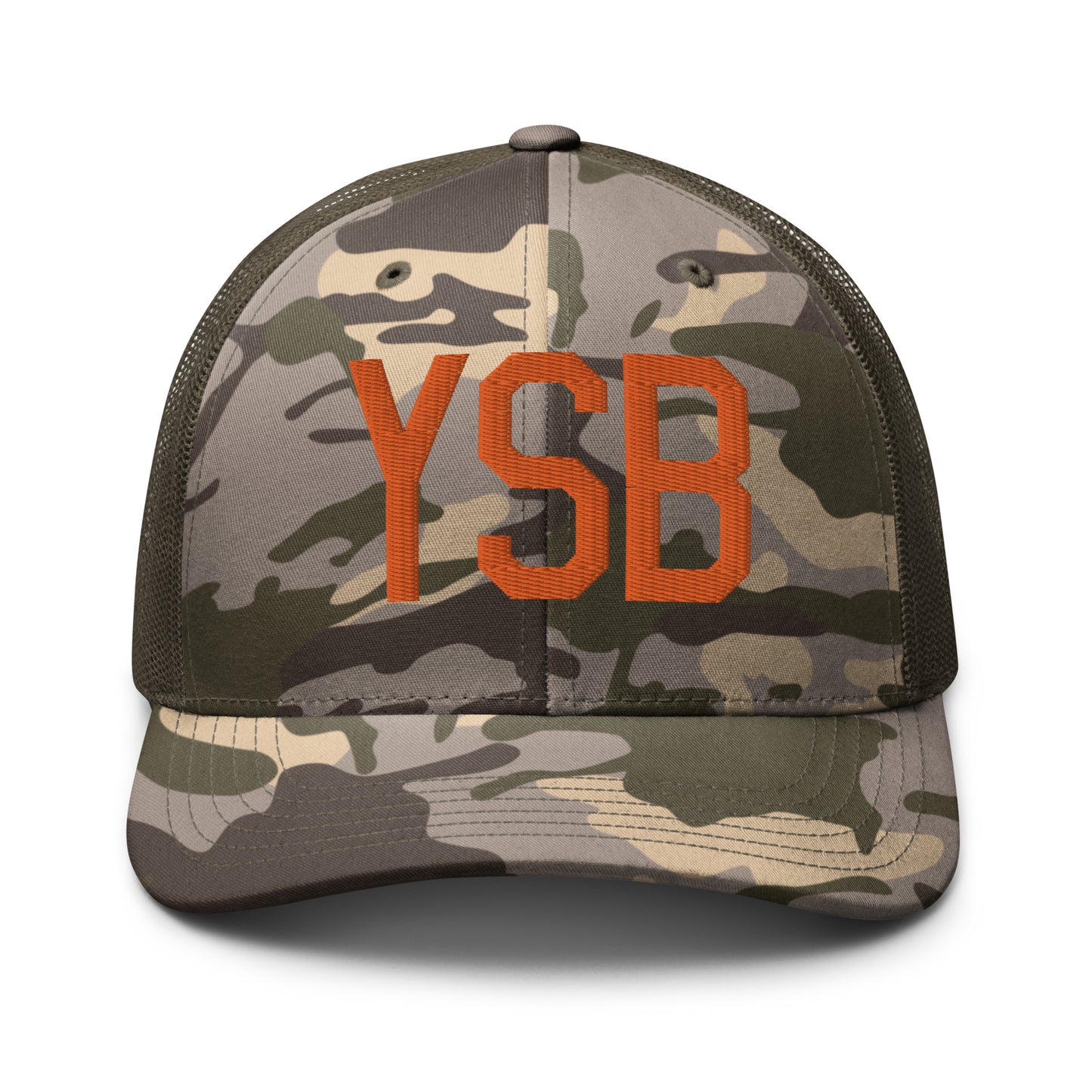 Airport Code Camouflage Trucker Hat - Orange • YSB Sudbury • YHM Designs - Image 17