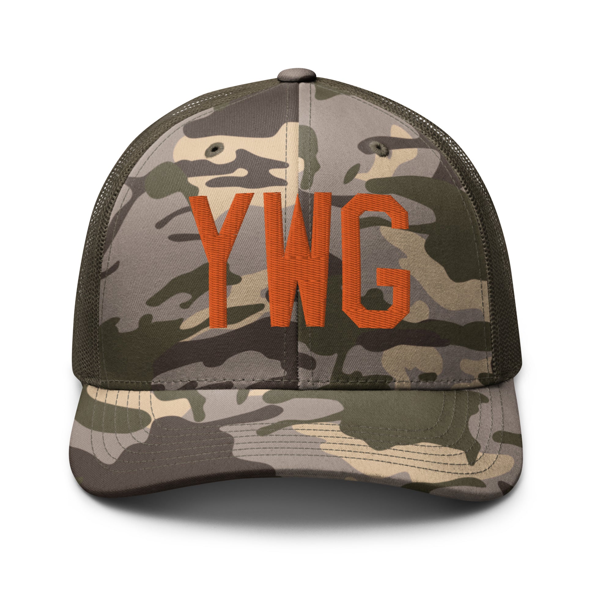 Airport Code Camouflage Trucker Hat - Orange • YWG Winnipeg • YHM Designs - Image 17