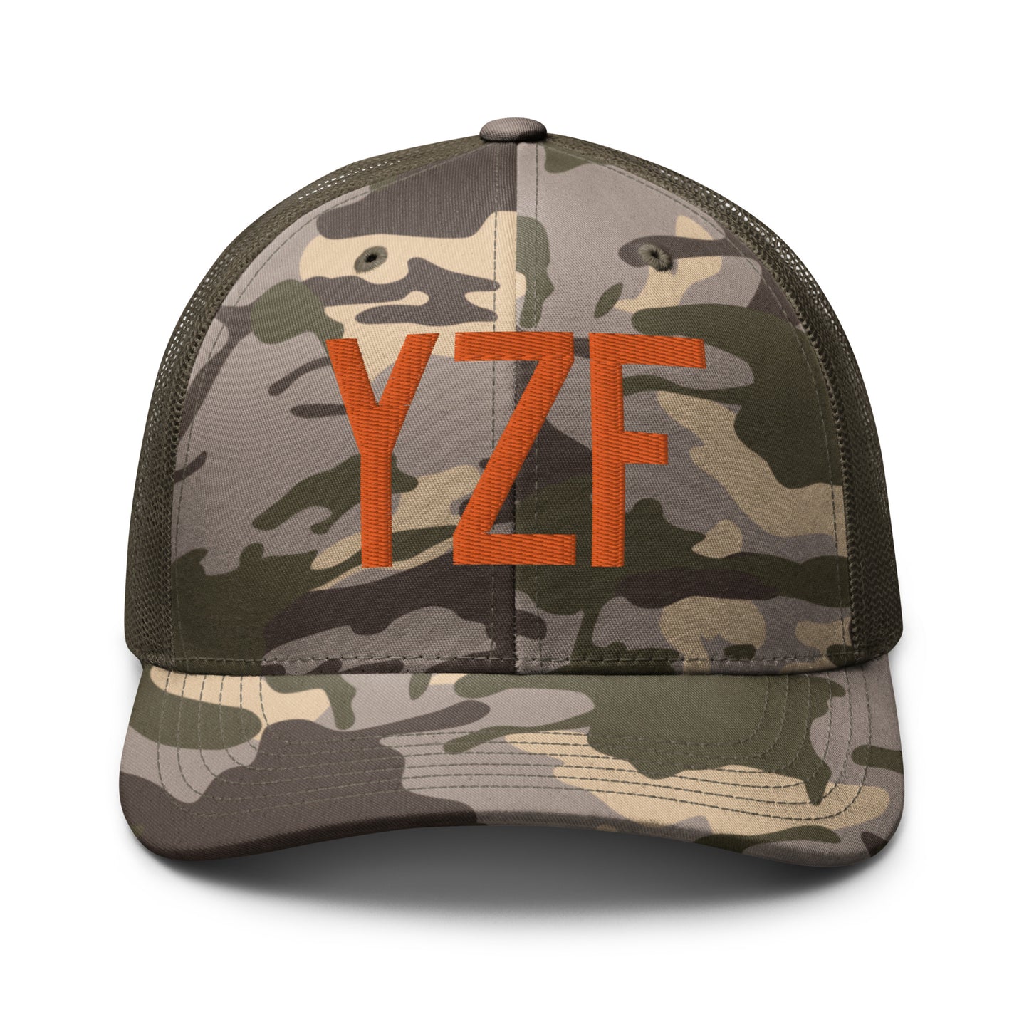 Airport Code Camouflage Trucker Hat - Orange • YZF Yellowknife • YHM Designs - Image 17