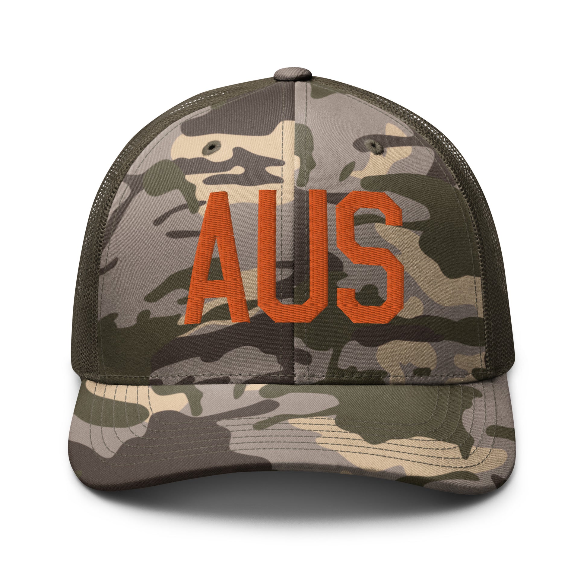Airport Code Camouflage Trucker Hat - Orange • AUS Austin • YHM Designs - Image 17