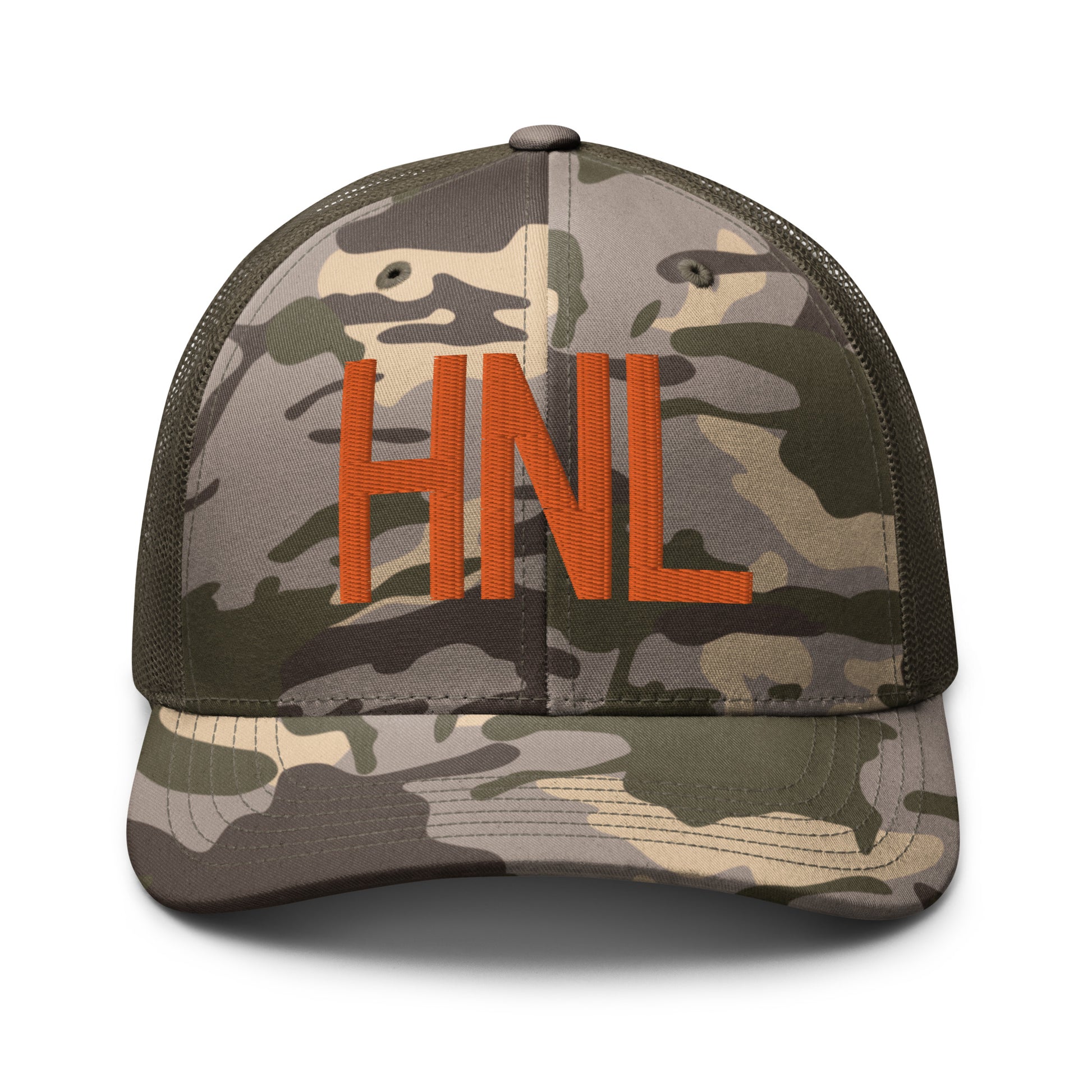 Airport Code Camouflage Trucker Hat - Orange • HNL Honolulu • YHM Designs - Image 17