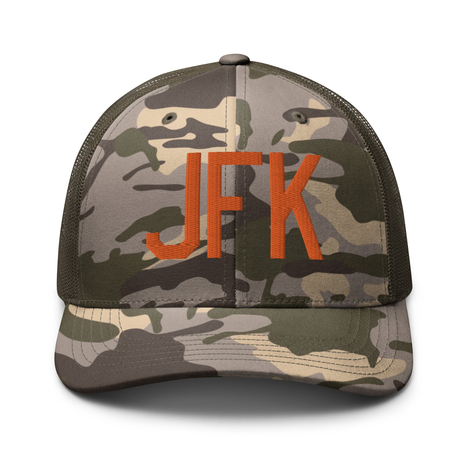 Airport Code Camouflage Trucker Hat - Orange • JFK New York • YHM Designs - Image 17