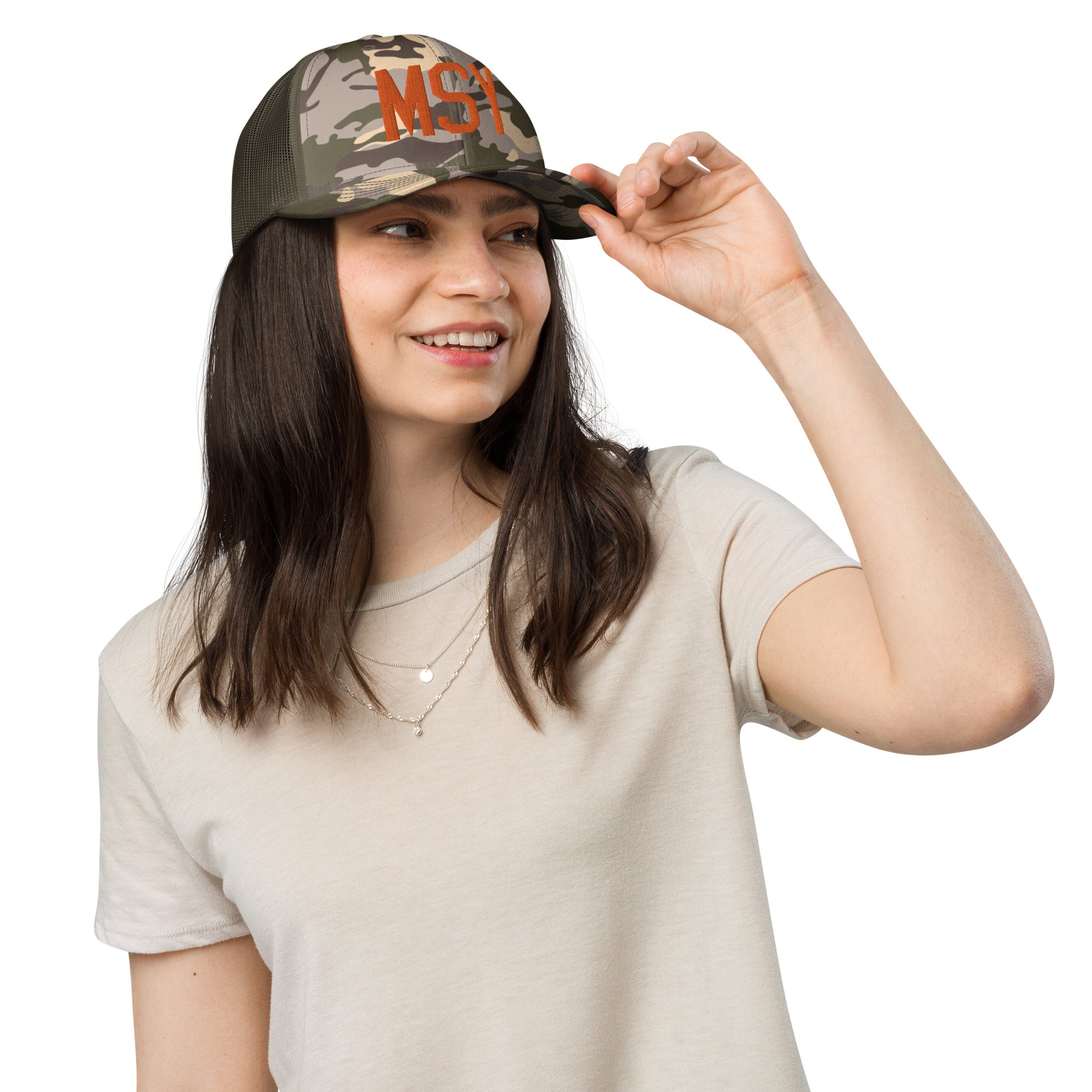 Airport Code Camouflage Trucker Hat - Orange • MSY New Orleans • YHM Designs - Image 09