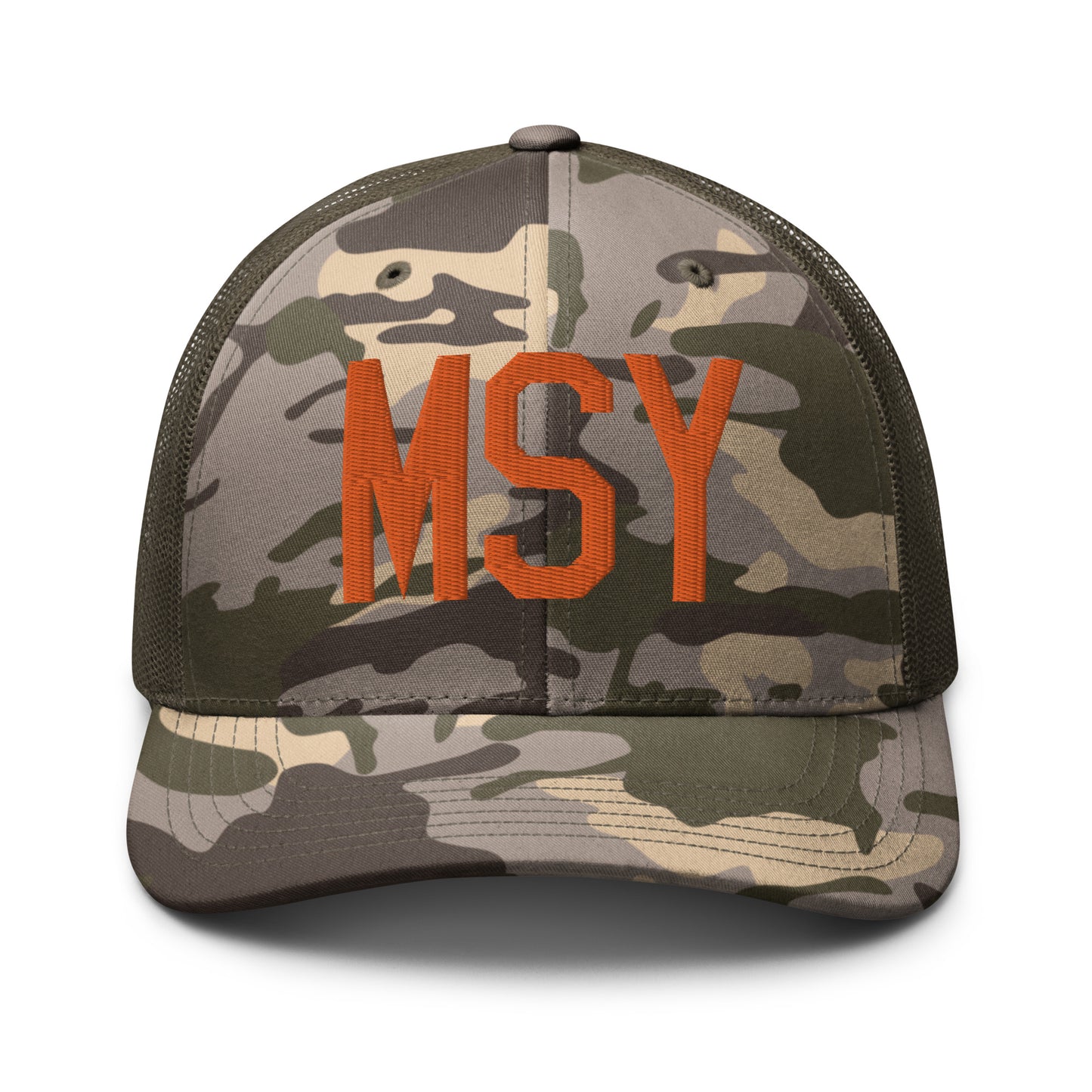 Airport Code Camouflage Trucker Hat - Orange • MSY New Orleans • YHM Designs - Image 17