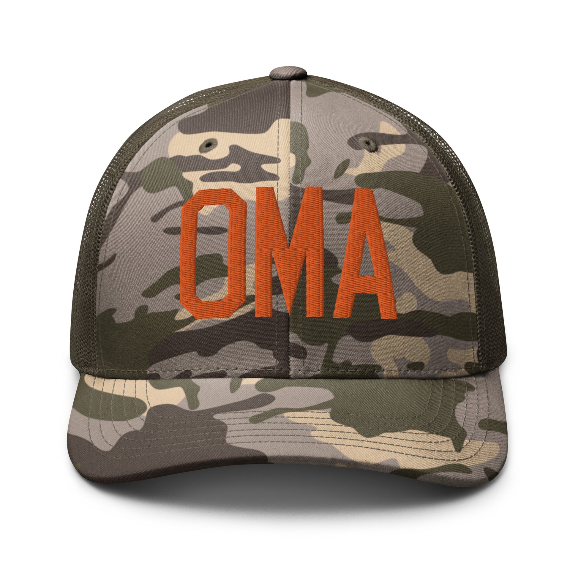 Airport Code Camouflage Trucker Hat - Orange • OMA Omaha • YHM Designs - Image 17