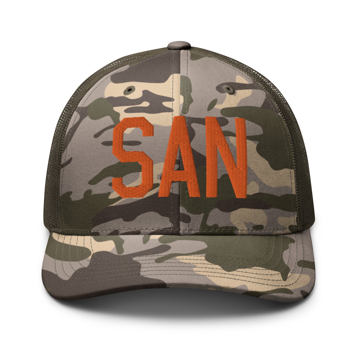 Airport Code Camouflage Trucker Hat - Orange • SAN San Diego • YHM Designs - Image 17