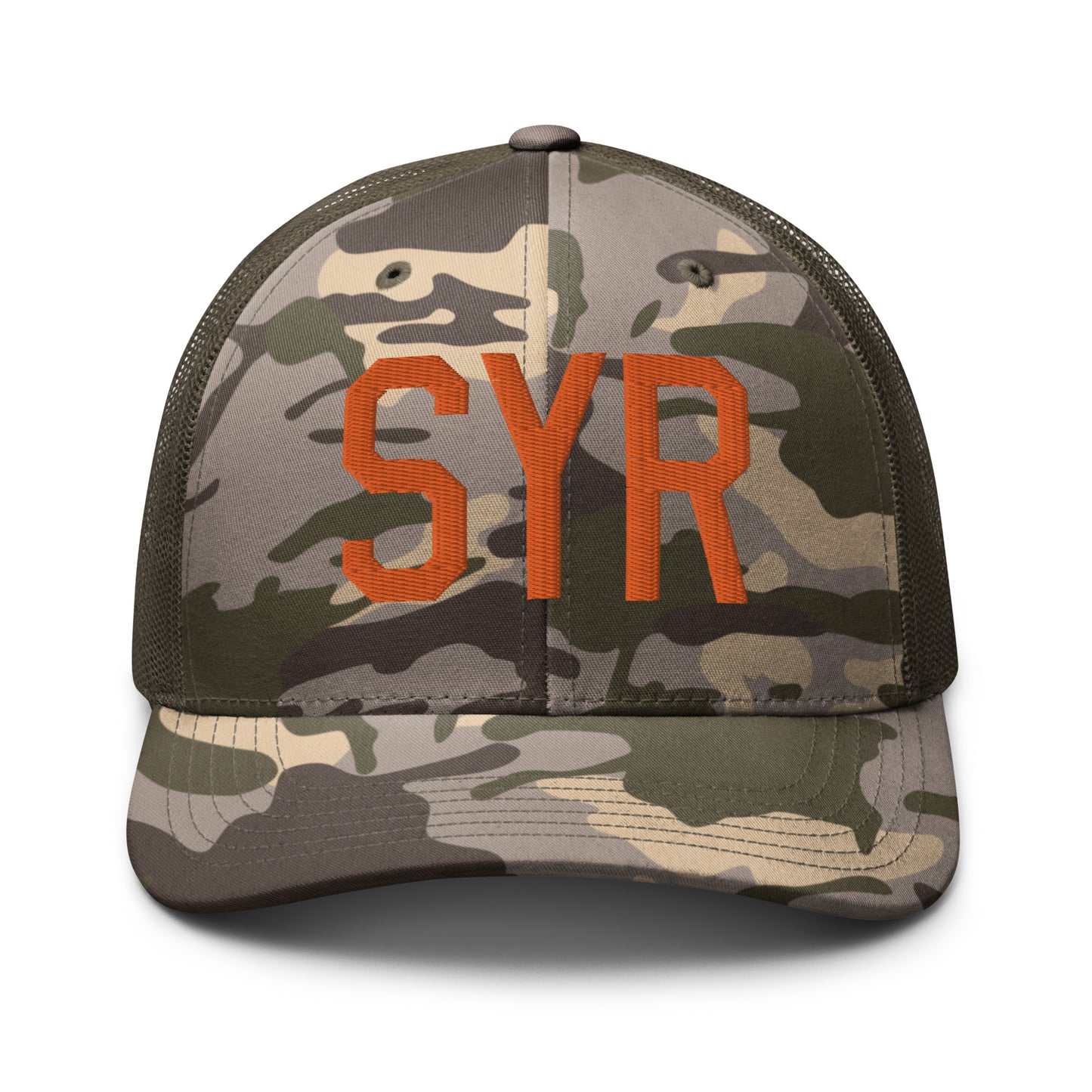 Airport Code Camouflage Trucker Hat - Orange • SYR Syracuse • YHM Designs - Image 17