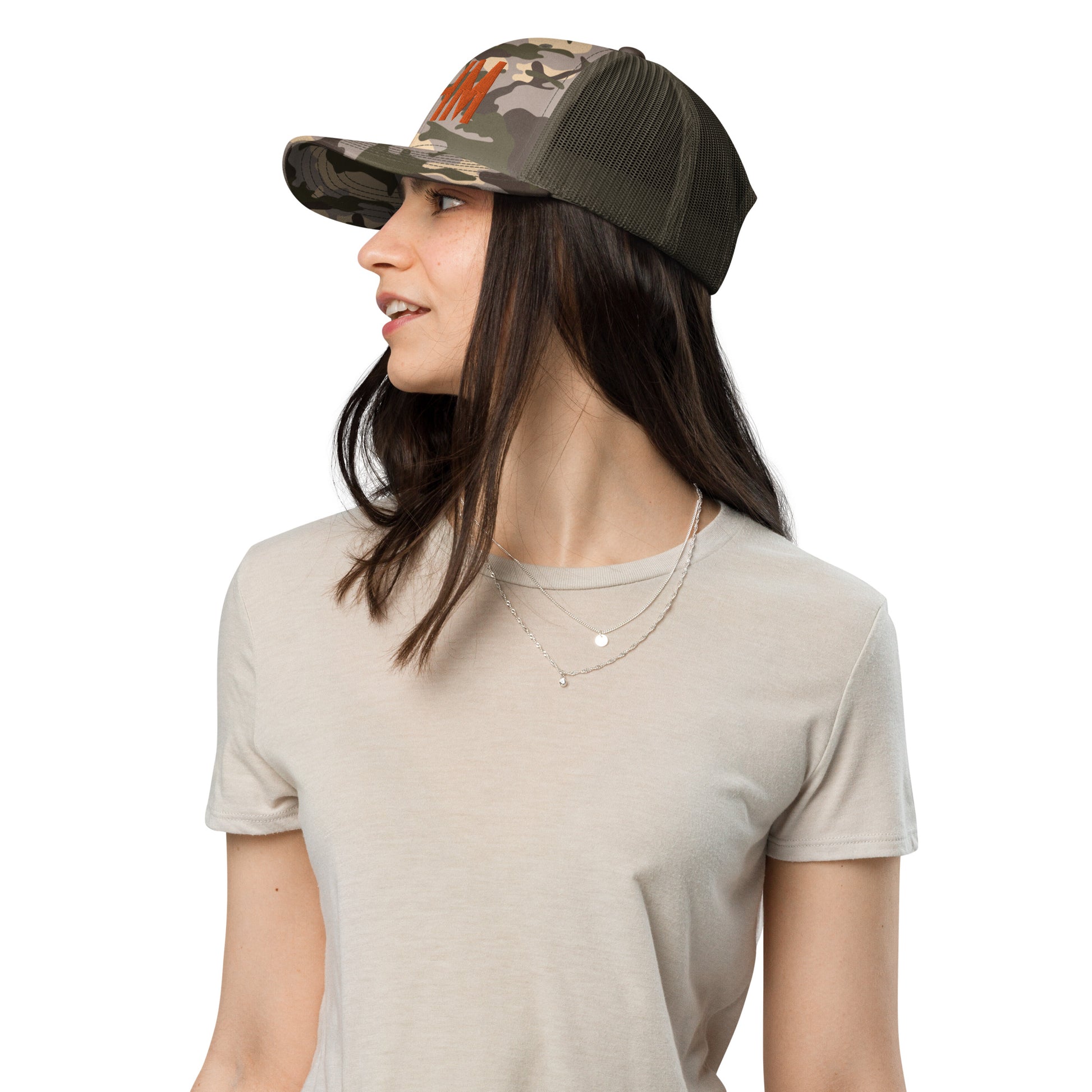 Airport Code Camouflage Trucker Hat - Orange • BHM Birmingham • YHM Designs - Image 07