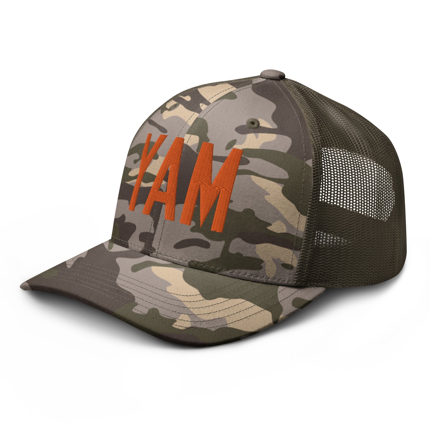 Airport Code Camouflage Trucker Hat - Orange • YAM Sault-Ste-Marie • YHM Designs - Image 19