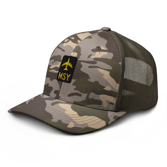 Camouflage Jetliner Trucker Hat • Black and Gold • MSY New Orleans • YHM Designs - Image 01