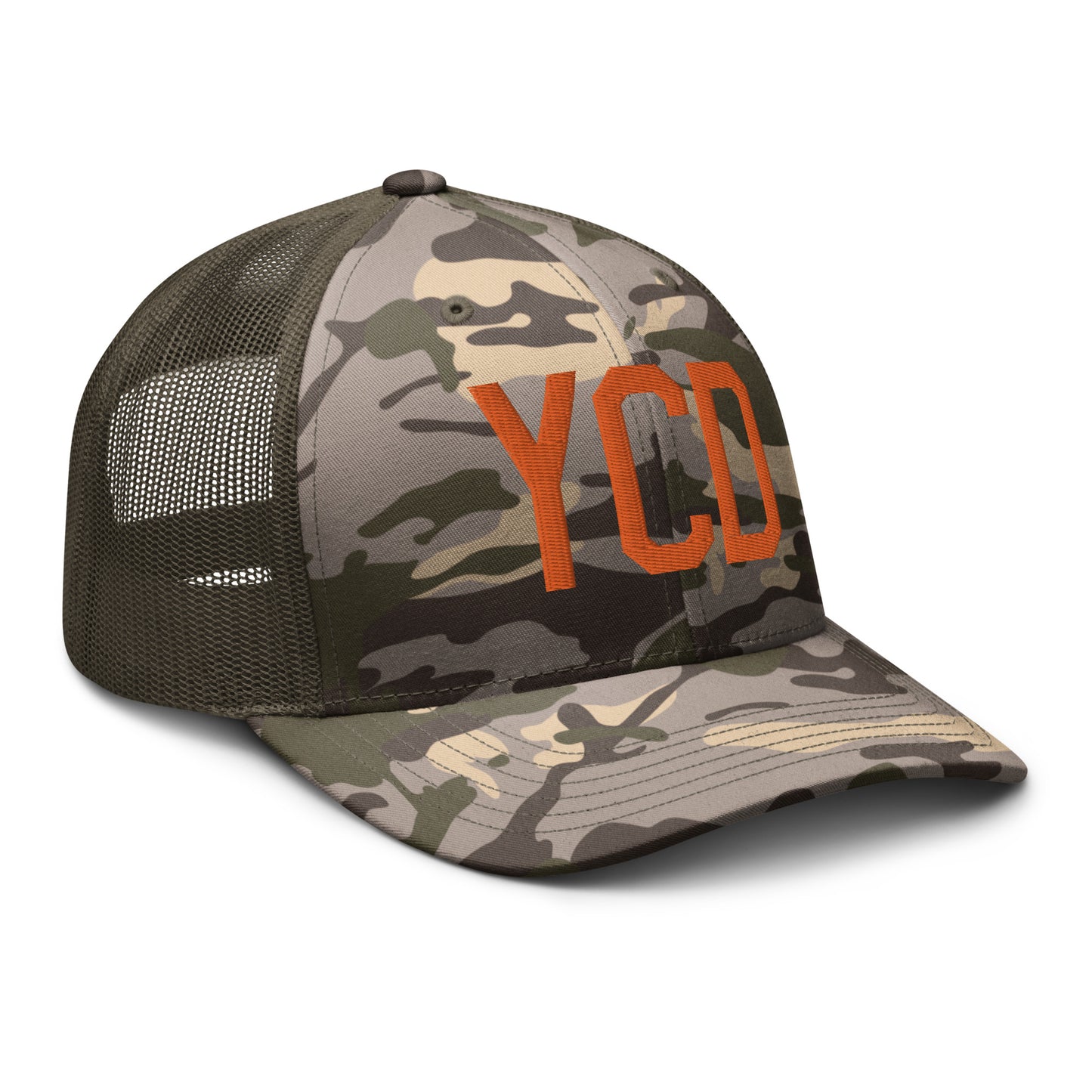 Airport Code Camouflage Trucker Hat - Orange • YCD Nanaimo • YHM Designs - Image 20