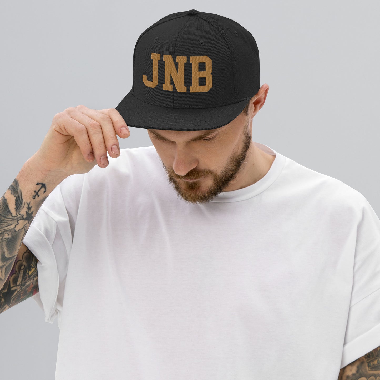 College-Style Classic Snapback Hat • Old Gold • JNB Johannesburg Souvenir • YHM Designs - Image 06