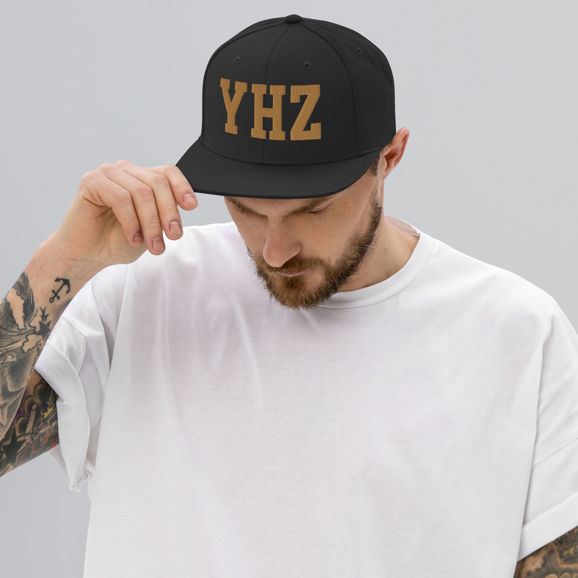College-Style Classic Snapback Hat • Old Gold • YHZ Halifax Souvenir • YHM Designs - Image 06