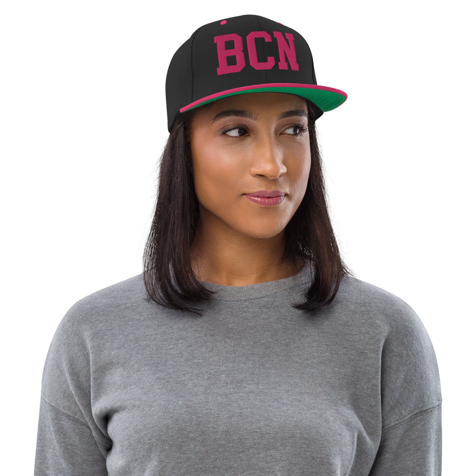 College-Style Classic Snapback Hat • Pink Embroidery • BCN Barcelona Souvenir • YHM Designs - Image 04