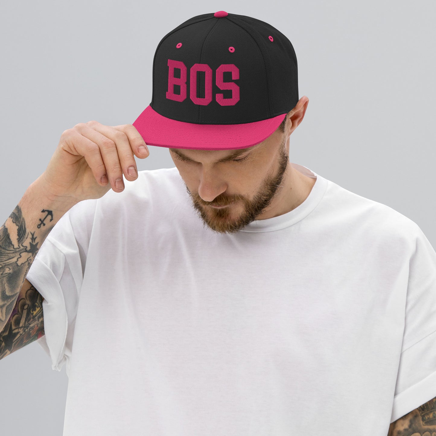 College-Style Classic Snapback Hat • Pink Embroidery • BOS Boston • YHM Designs - Image 06
