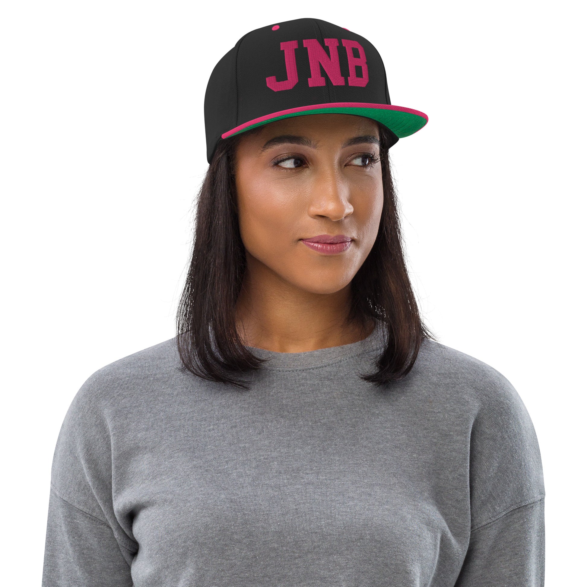 College-Style Classic Snapback Hat • Pink Embroidery • JNB Johannesburg Souvenir • YHM Designs - Image 04