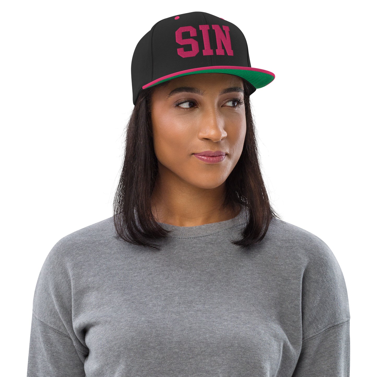 College-Style Classic Snapback Hat • Pink Embroidery • SIN Singapore Souvenir • YHM Designs - Image 04