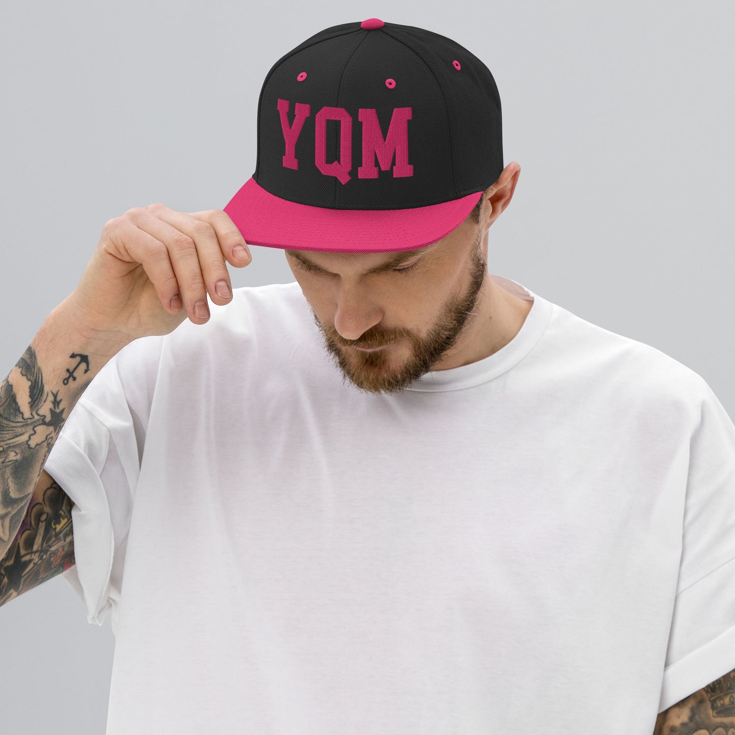 College-Style Classic Snapback Hat • Pink Embroidery • YQM Moncton • YHM Designs - Image 06