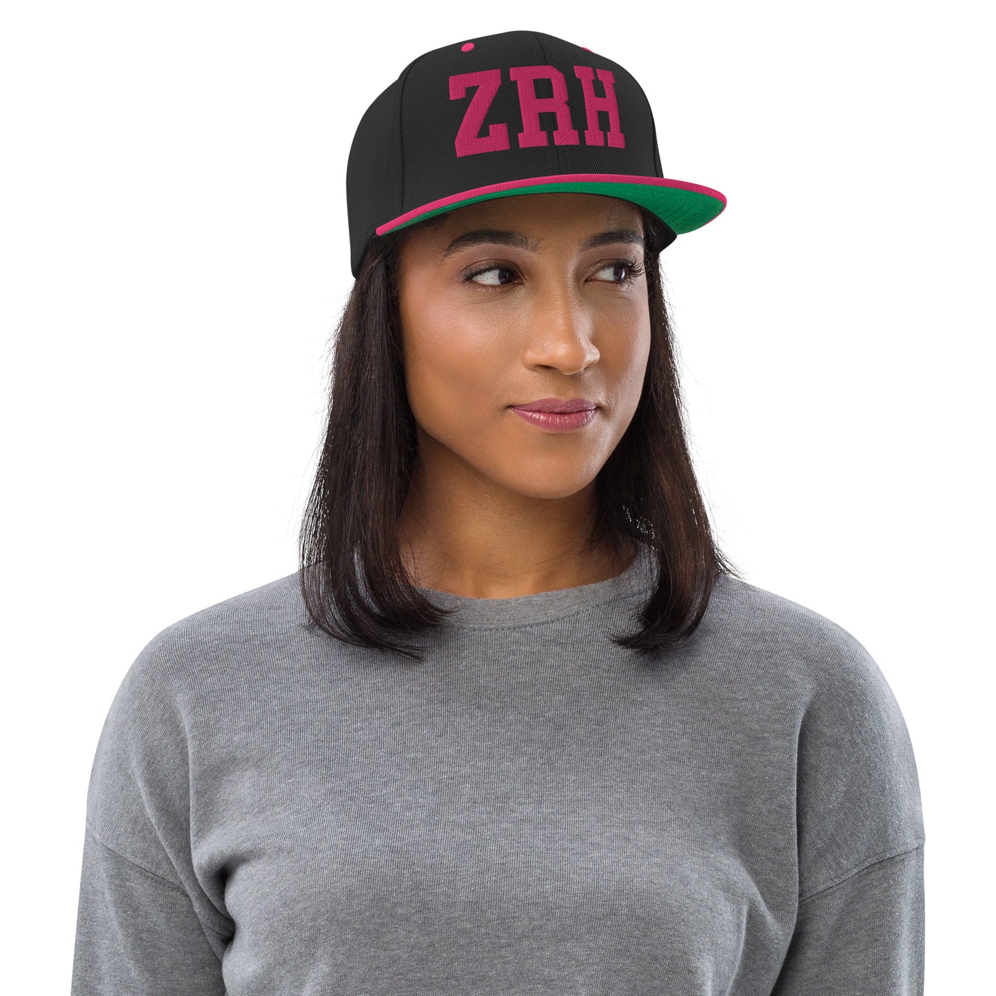 College-Style Classic Snapback Hat • Pink Embroidery • ZRH Zurich Souvenir • YHM Designs - Image 04