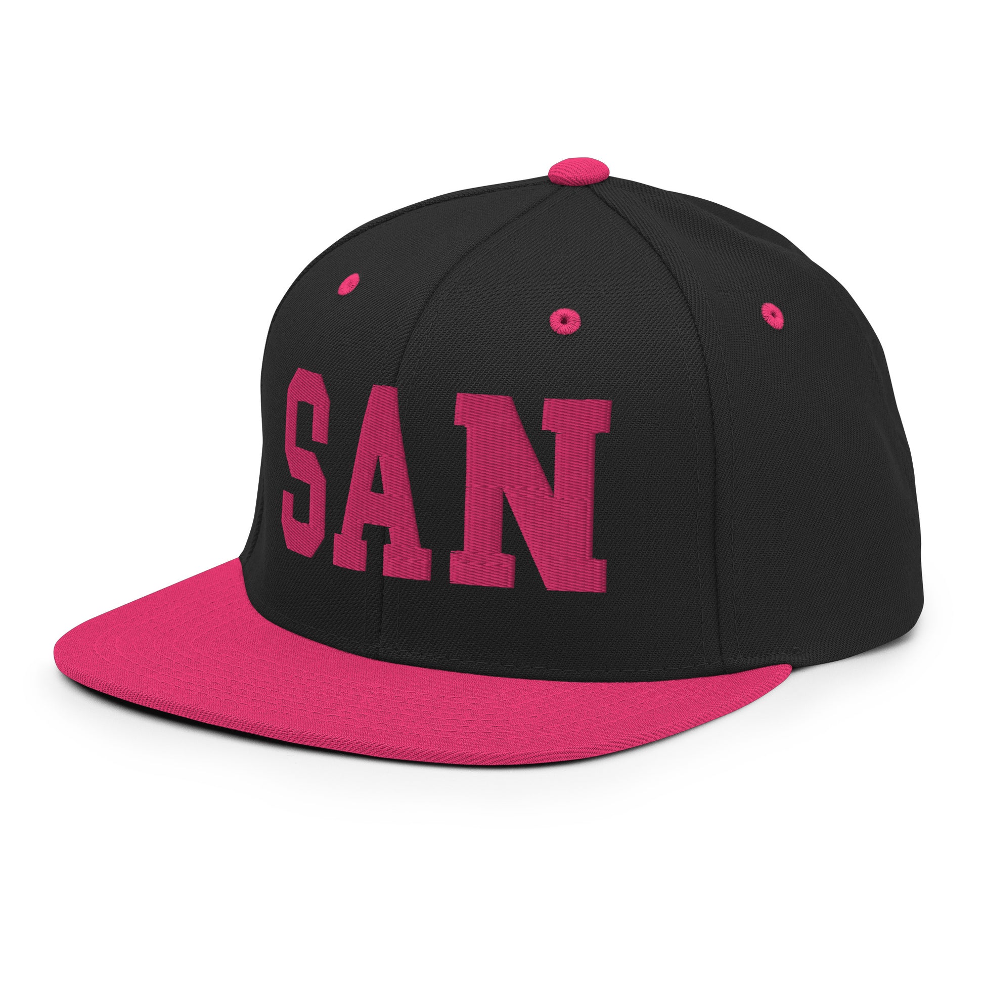 College-Style Classic Snapback Hat • Pink Embroidery • SAN San Diego • YHM Designs - Image 01
