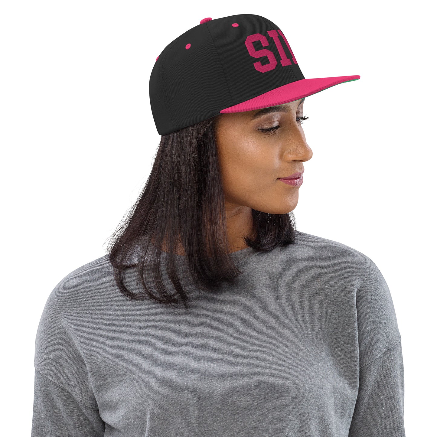 College-Style Classic Snapback Hat • Pink Embroidery • SIN Singapore Souvenir • YHM Designs - Image 02