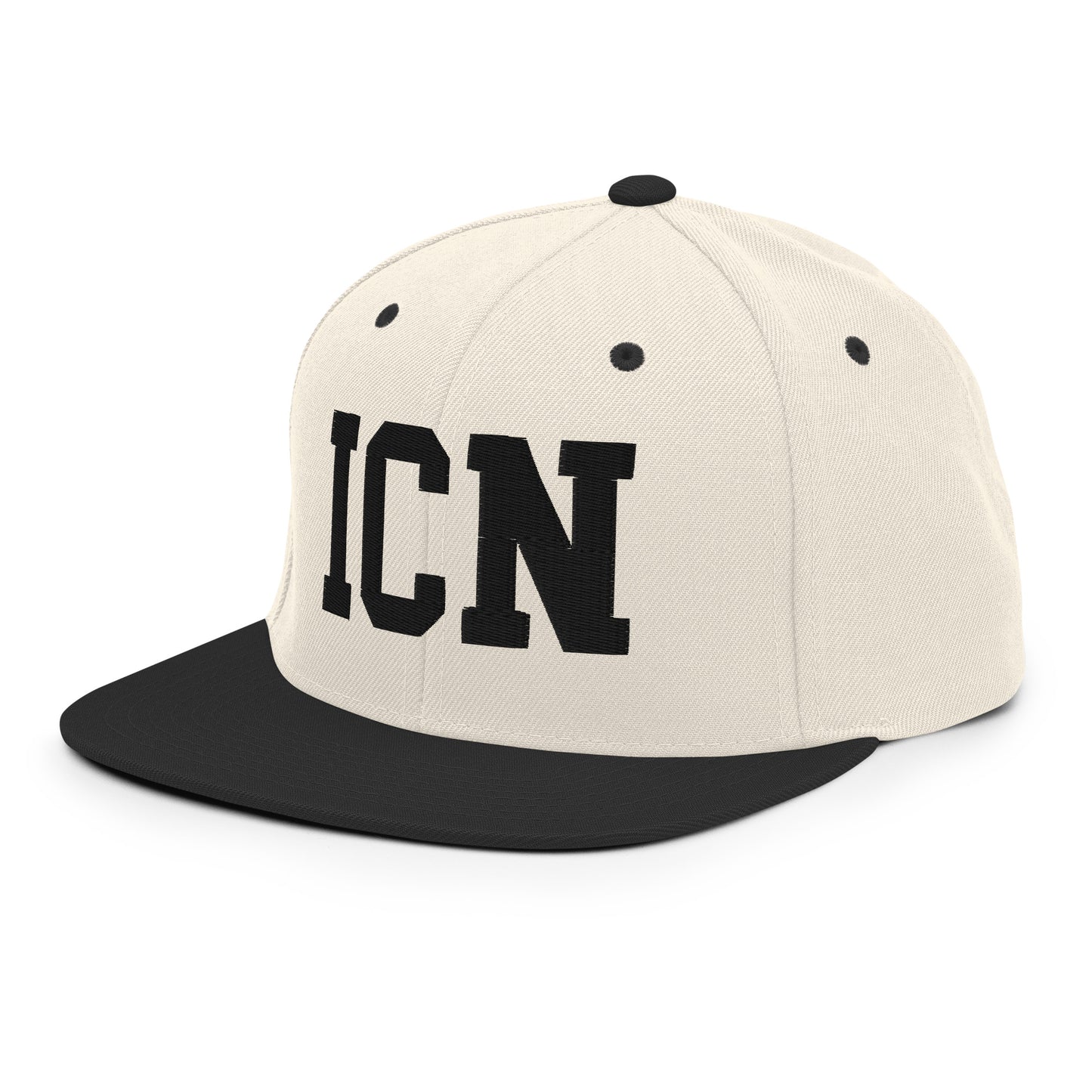 College-Style Classic Snapback Hat • Black • ICN Seoul Souvenir • YHM Designs - Image 01