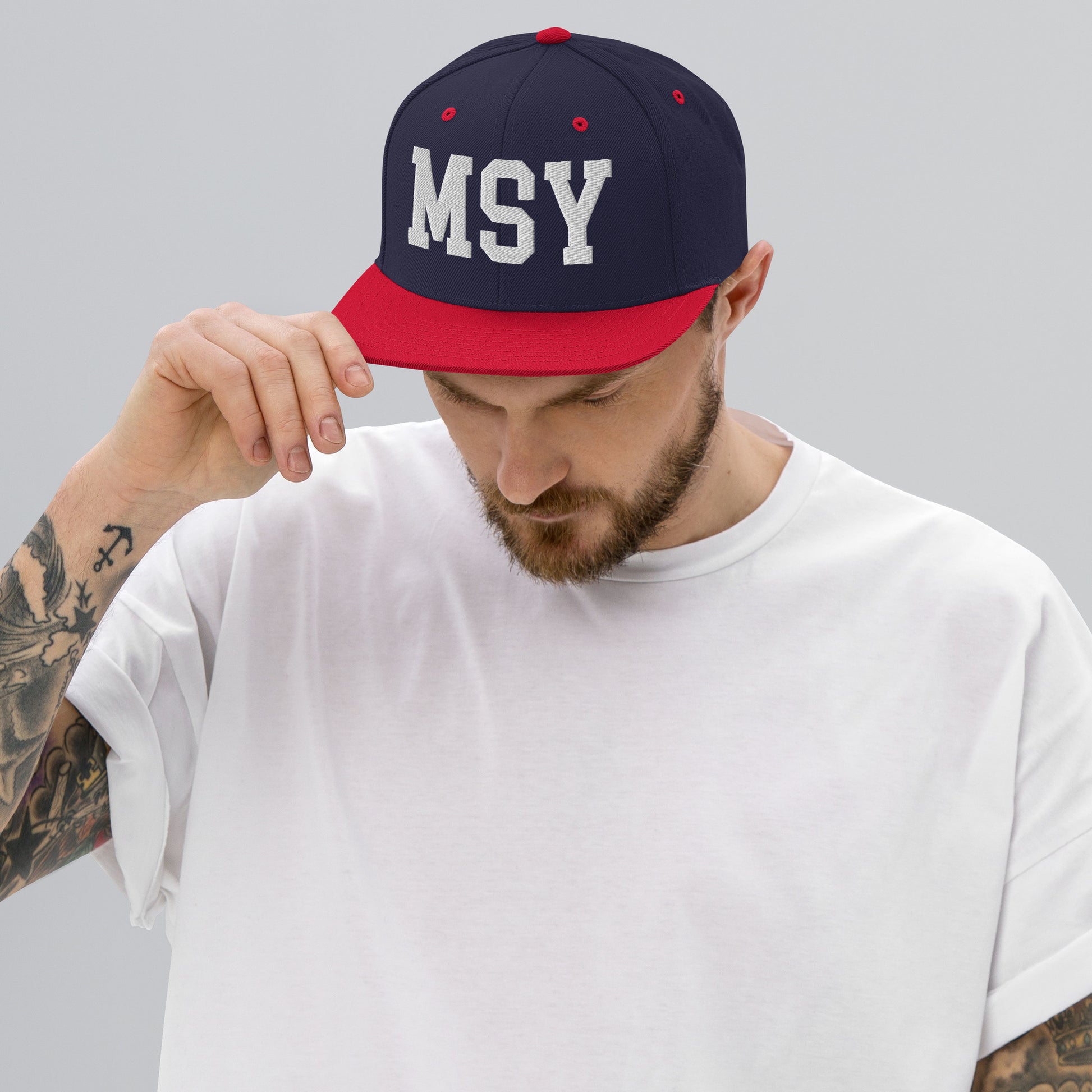 College-Style Classic Snapback Hat • White • MSY New Orleans Souvenir • YHM Designs - Image 06